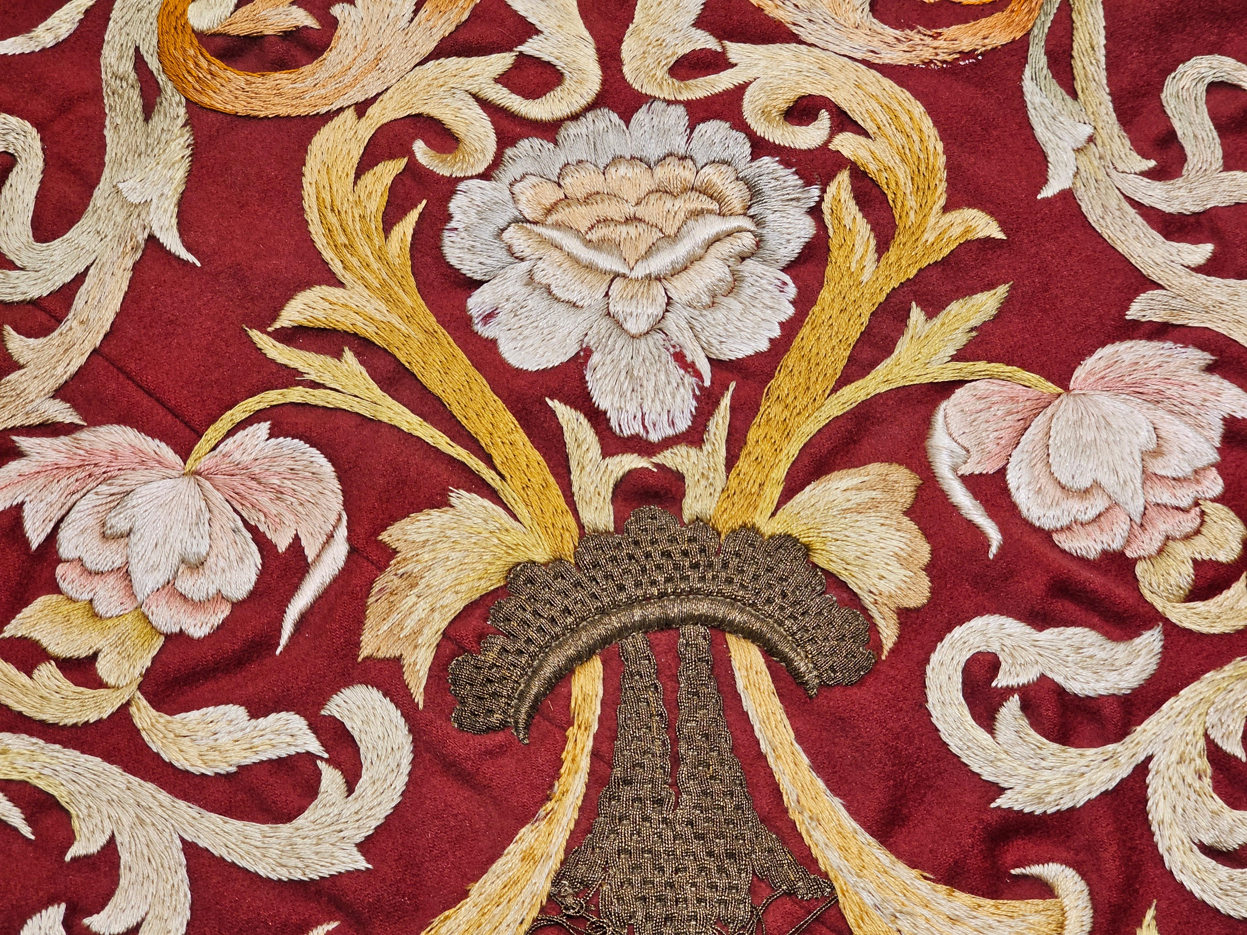 19th Century Ottoman Hand Embroidered Silk and Gilt Threads Tapestry Textile For Sale 1