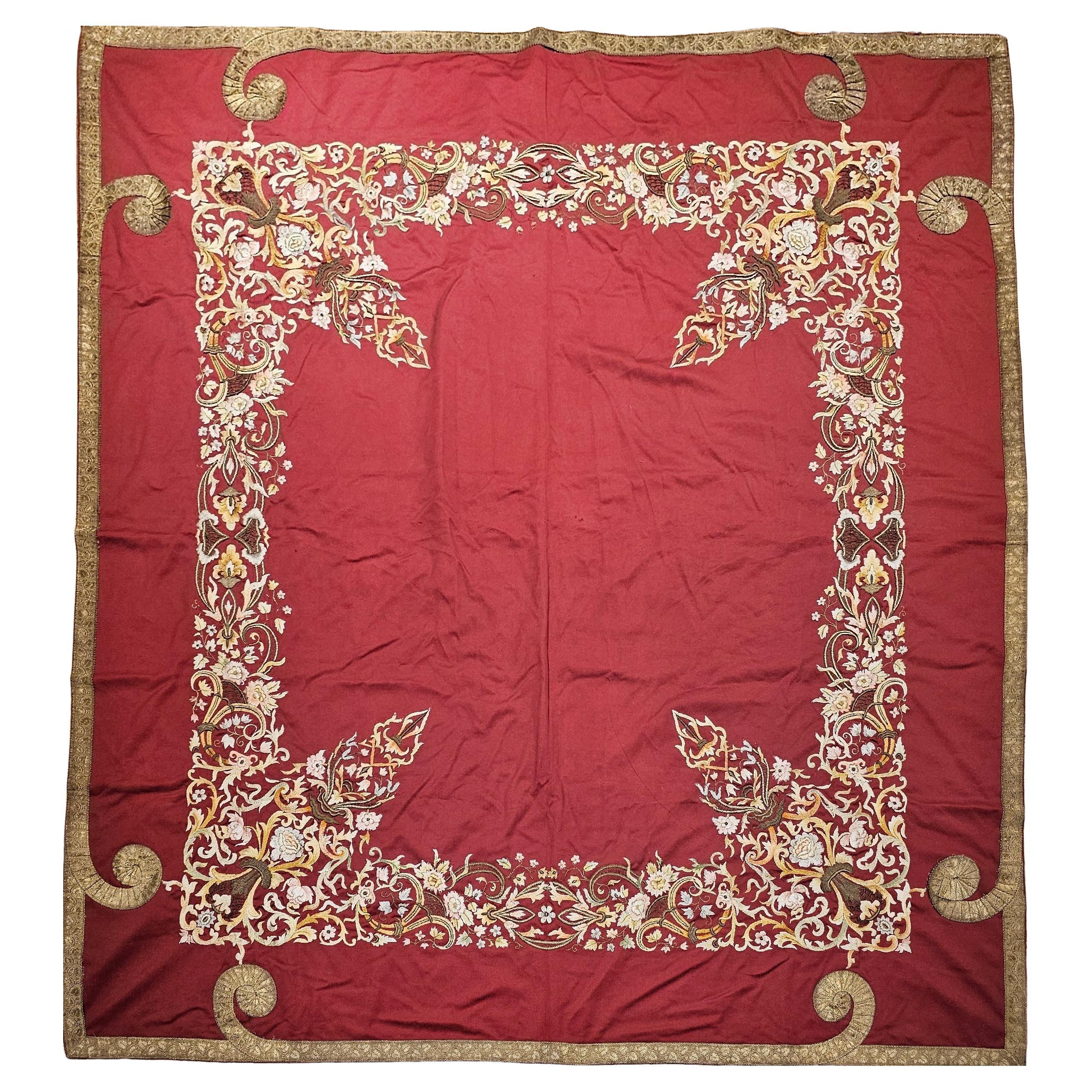 19th Century Ottoman Hand Embroidered Silk and Gilt Threads Tapestry Textile For Sale