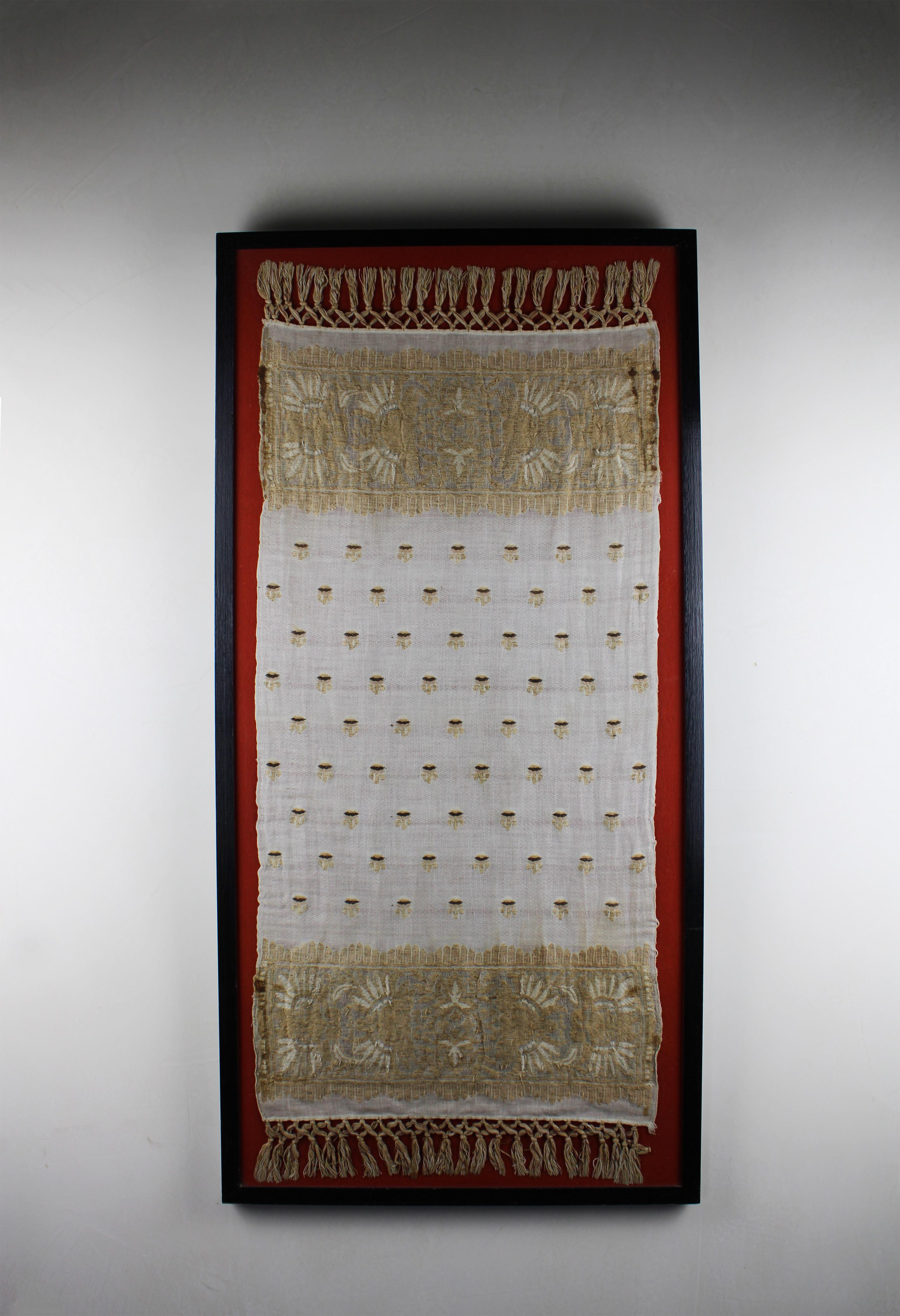 Folk Art 19th century Ottoman Linen and Gold Metallic Weaved Towel Framed Turkey For Sale