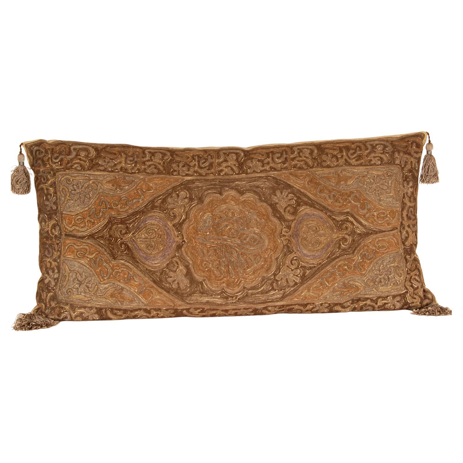 19th c Ottoman Pillow Cushion Gold Metallic Thread Silk Embroidery Islamic Art