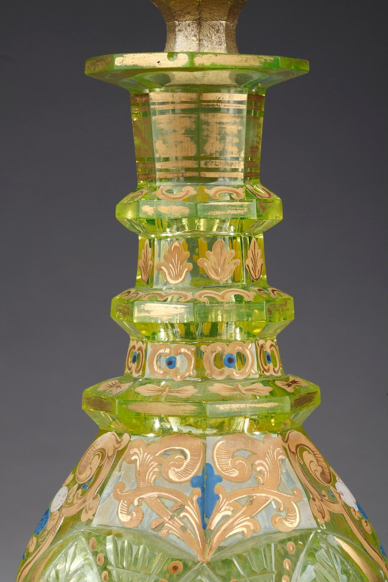 Enameled 19th Century Ouraline Glass Decanter, Bohemia