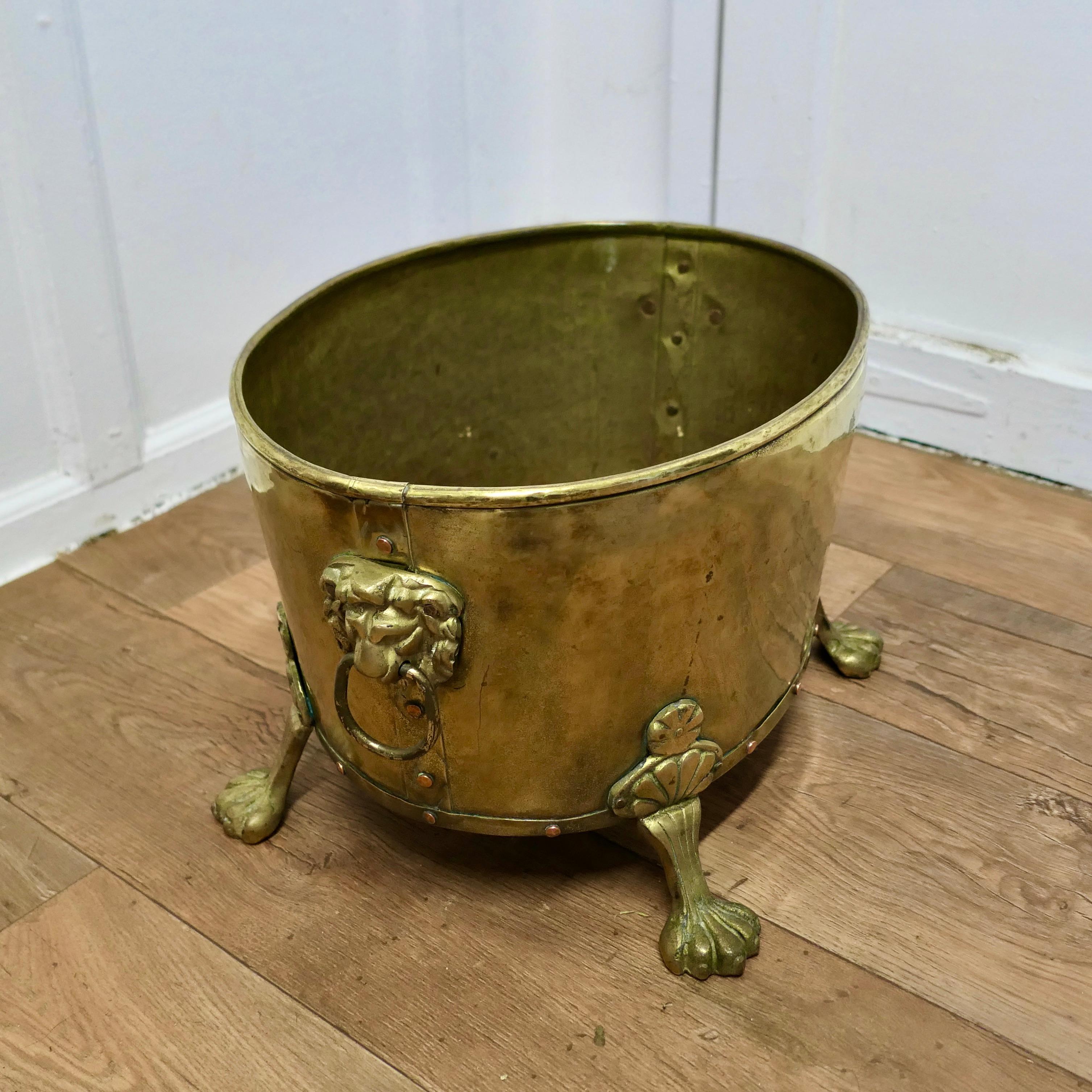 19th Century Oval Brass Lions Mask Log Bin      For Sale 1