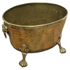 19th Century Oval Brass Lions Mask Log Bin
