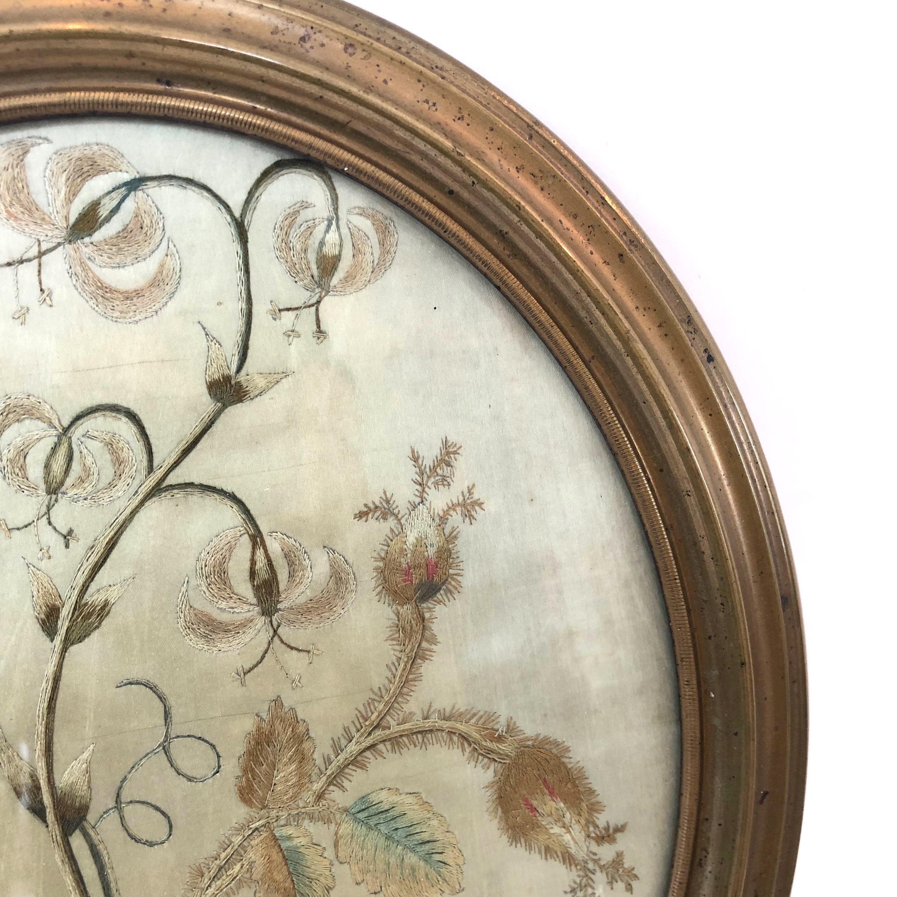 American 19th Century Oval Floral Silk Embroidery in Metal Frame For Sale
