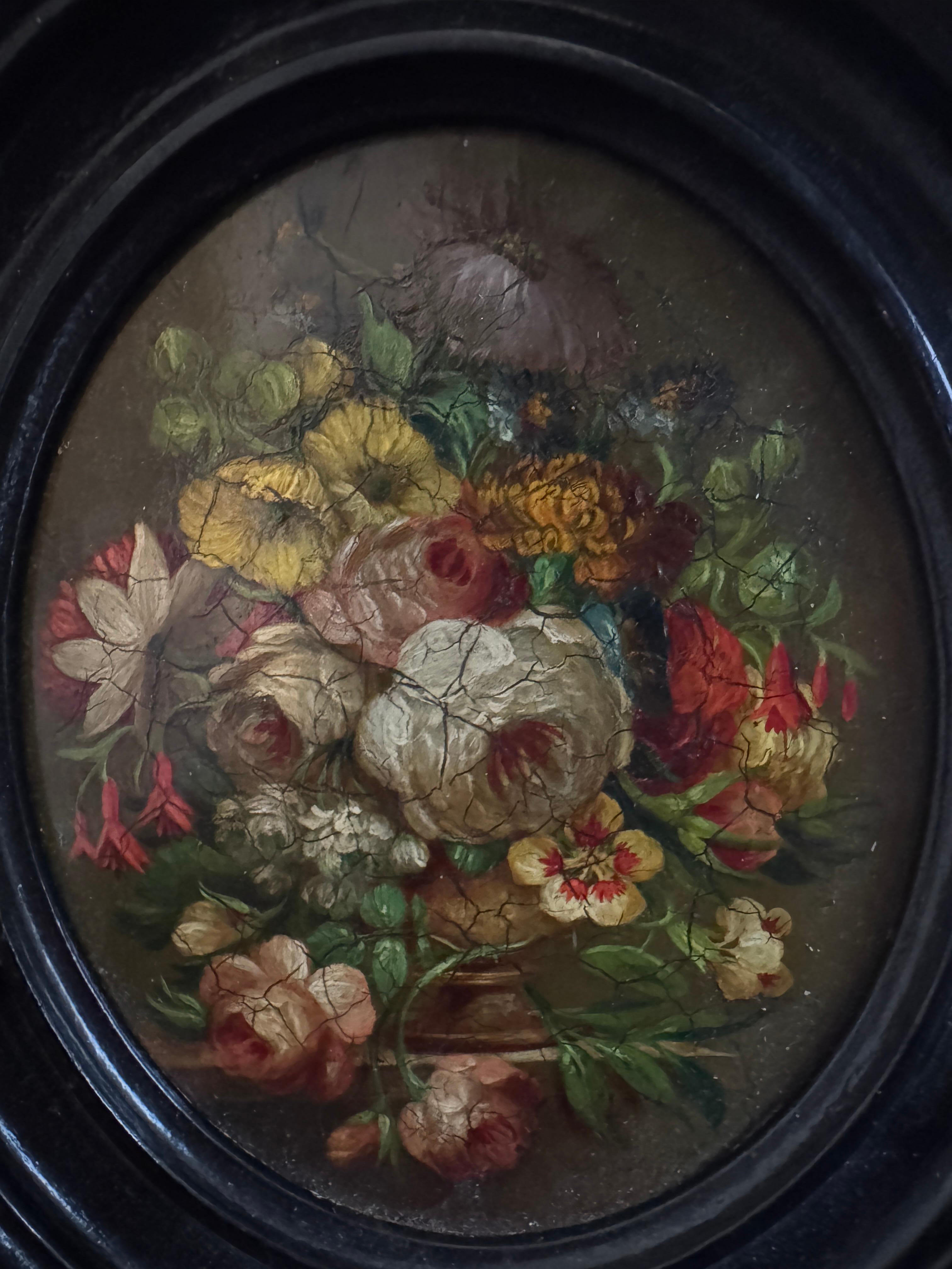 19. Jahrhundert Oval Öl auf Karton - Blumenstrauß, Miniaturmalerei im Stil früher niederländischer / französischer Blumentraditionen. 

Rahmengröße 7