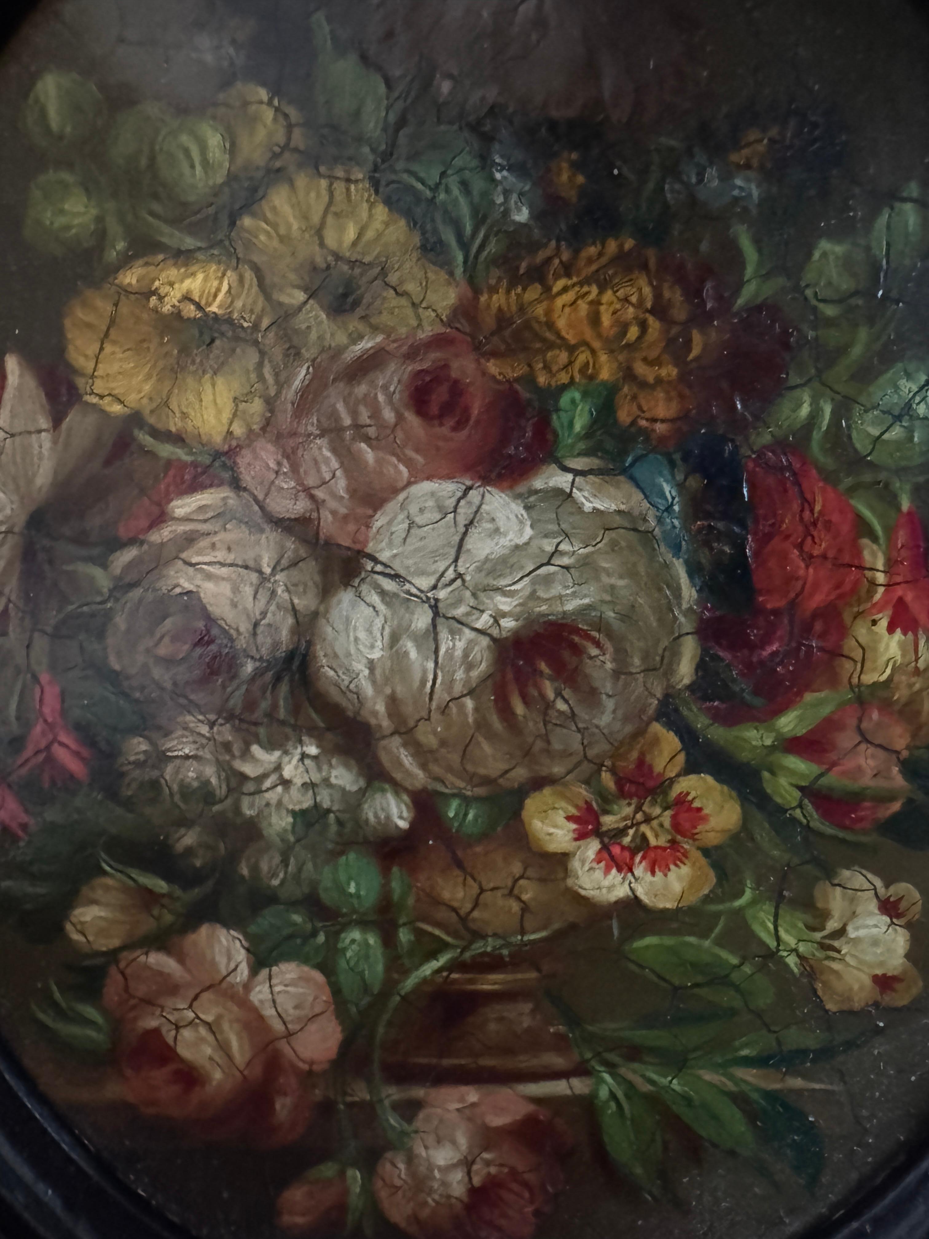 19. Jahrhundert Oval Öl auf Karton - Blumenstrauß (Viktorianisch) im Angebot