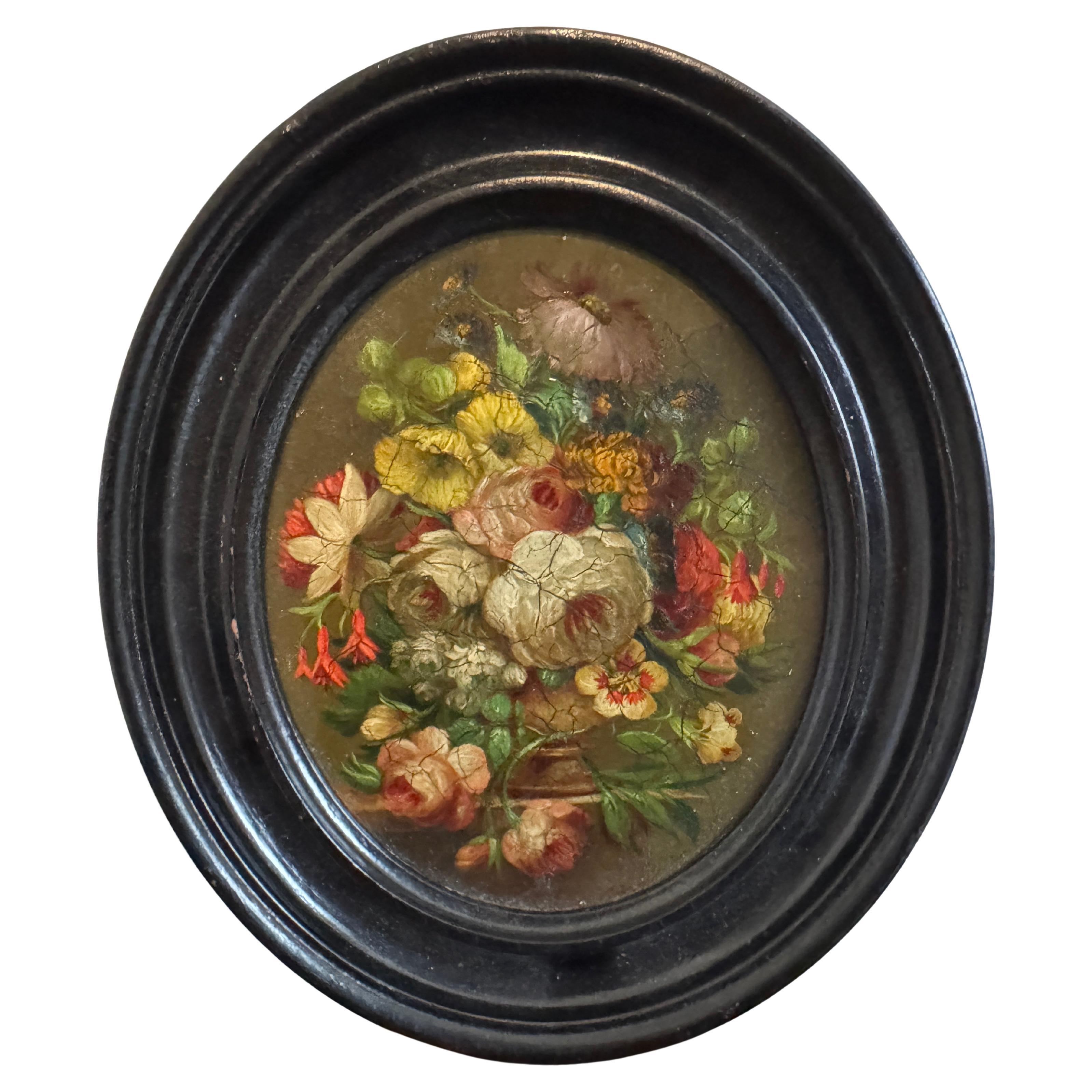 19. Jahrhundert Oval Öl auf Karton - Blumenstrauß