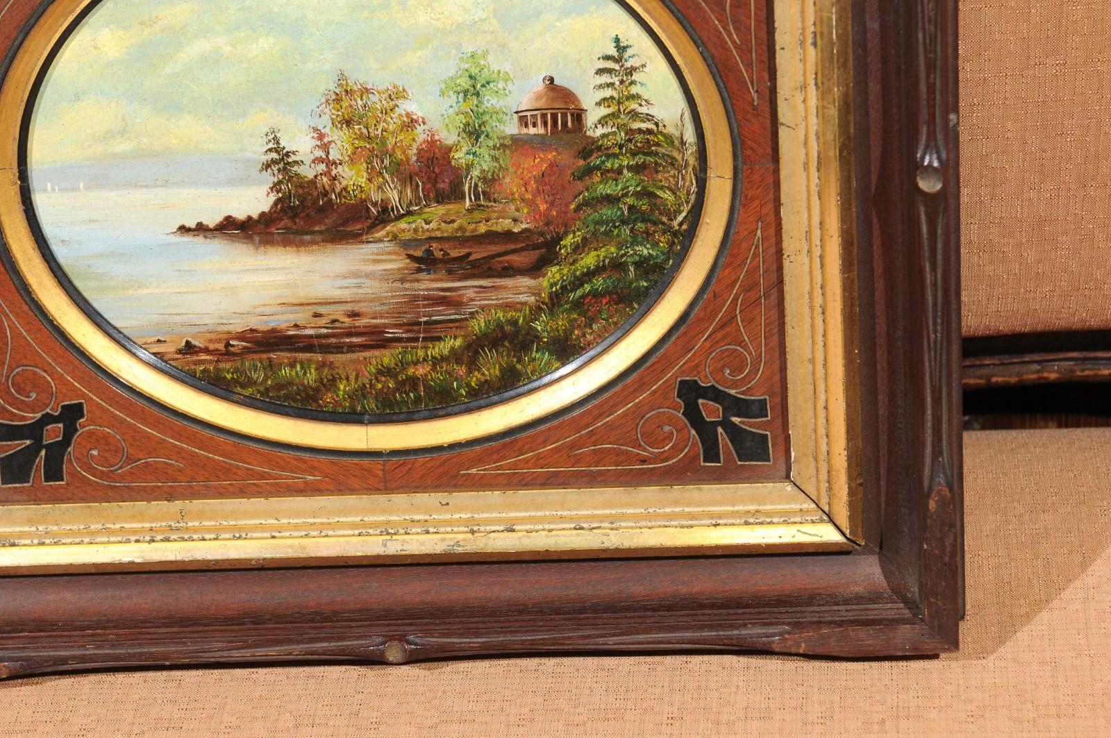 19th Century Oval Oil on Canvas Painting of Hudson River & Washington's Tomb 6