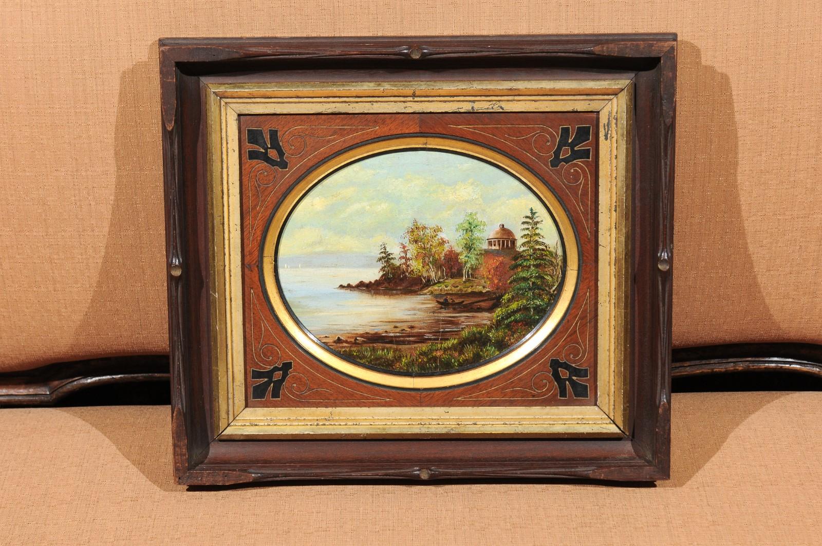 The 19th century oval oil on canvas painting of Hudson River & Washington's Tomb in mahogany wood matting with gilt and ebonized accents. The frame consist of giltwood and mahogany.



