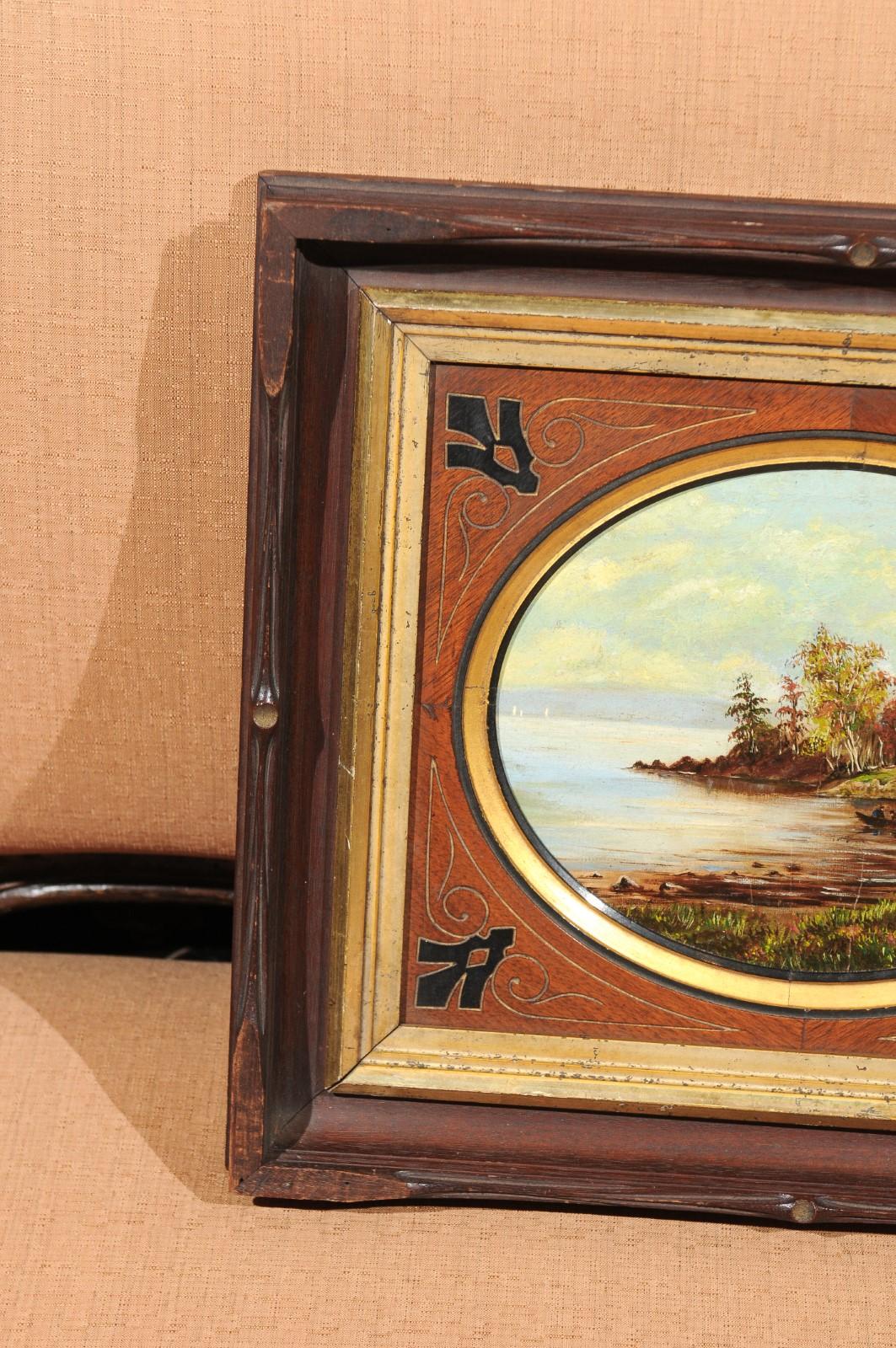 Hand-Painted 19th Century Oval Oil on Canvas Painting of Hudson River & Washington's Tomb