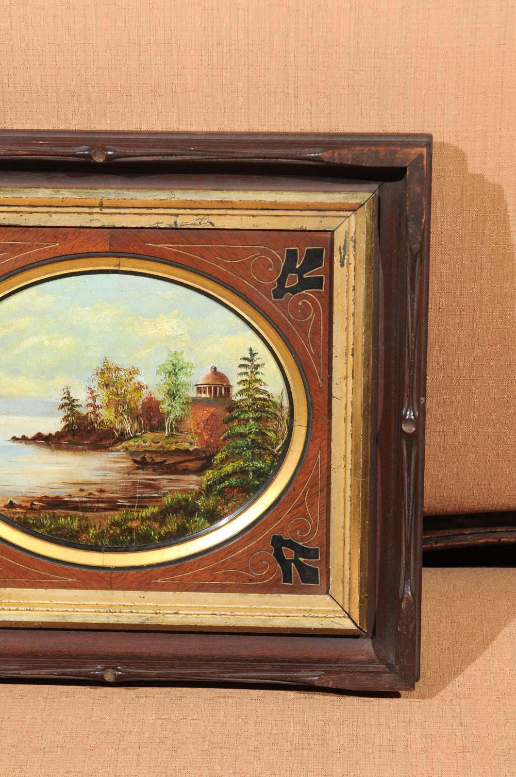 19th Century Oval Oil on Canvas Painting of Hudson River & Washington's Tomb In Good Condition In Atlanta, GA