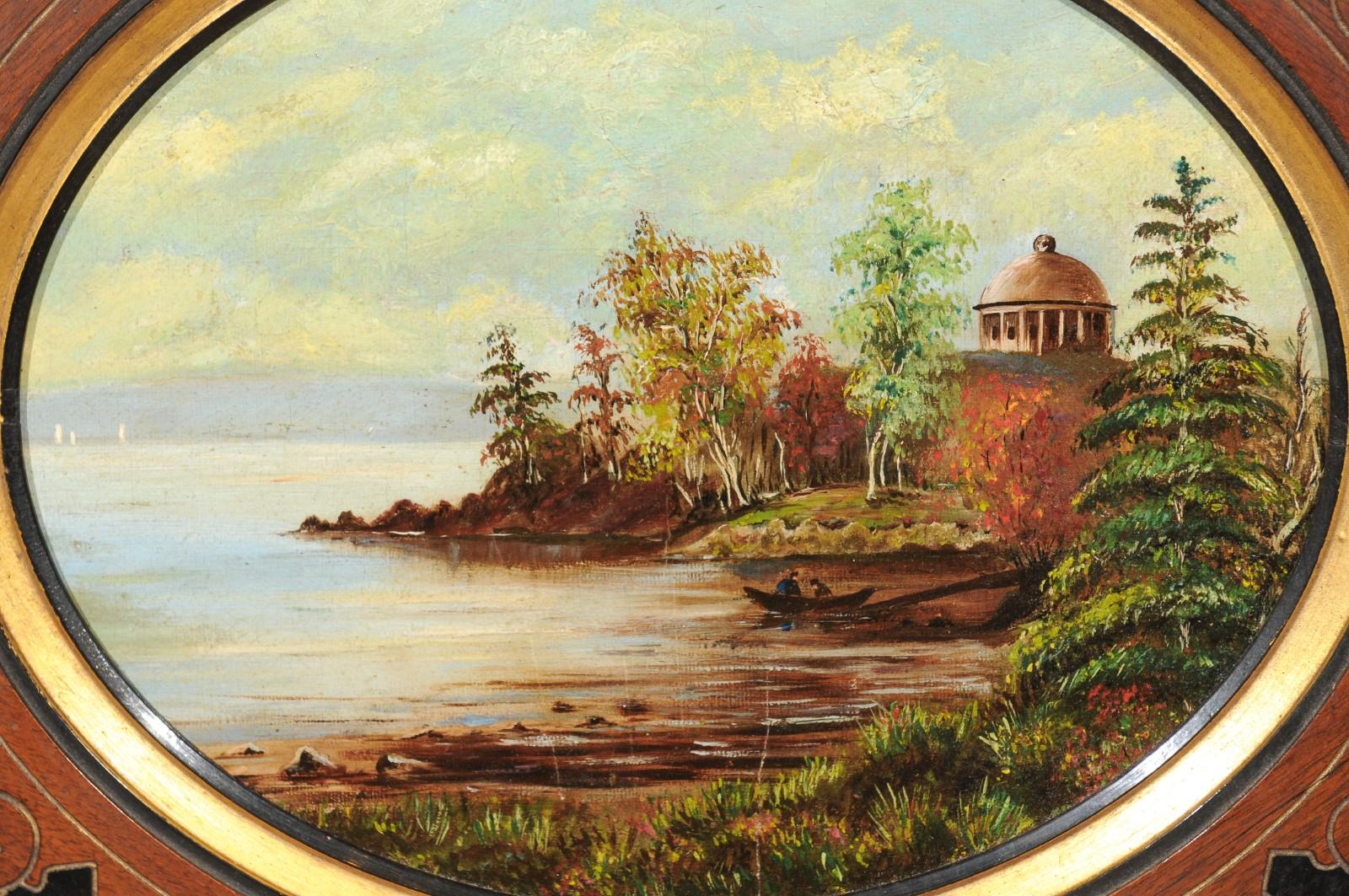 19th Century Oval Oil on Canvas Painting of Hudson River & Washington's Tomb 1