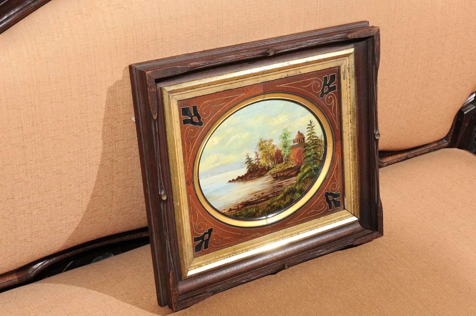 19th Century Oval Oil on Canvas Painting of Hudson River & Washington's Tomb 3