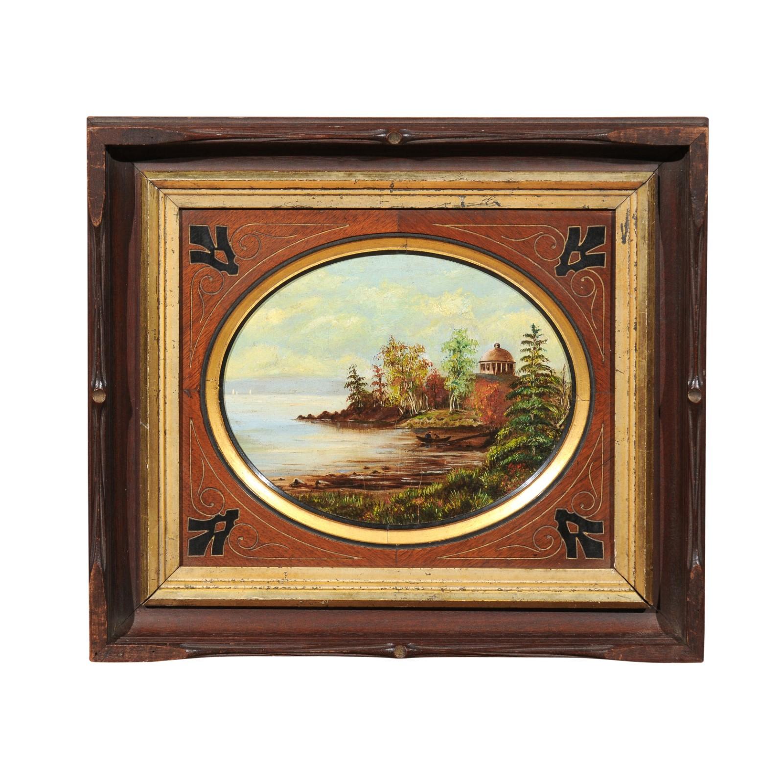 19th Century Oval Oil on Canvas Painting of Hudson River & Washington's Tomb