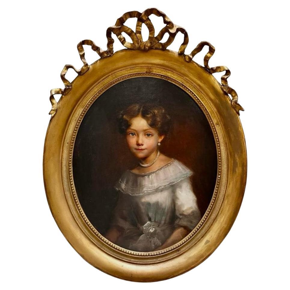19th Century Oval Portrait of Aristocrat Girl in Gilded Frame For Sale