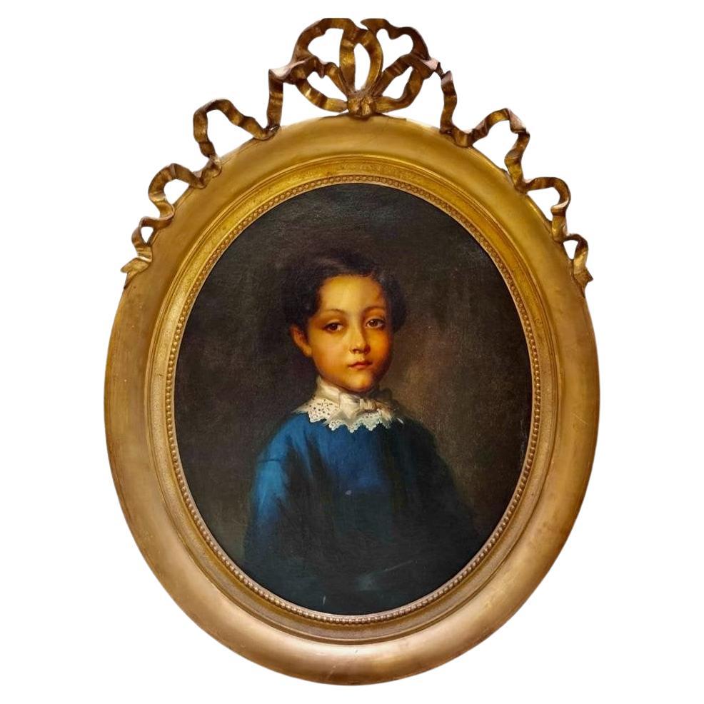 19th Century Oval Portrait of Aristocrat Girl in Gilded Frame For Sale