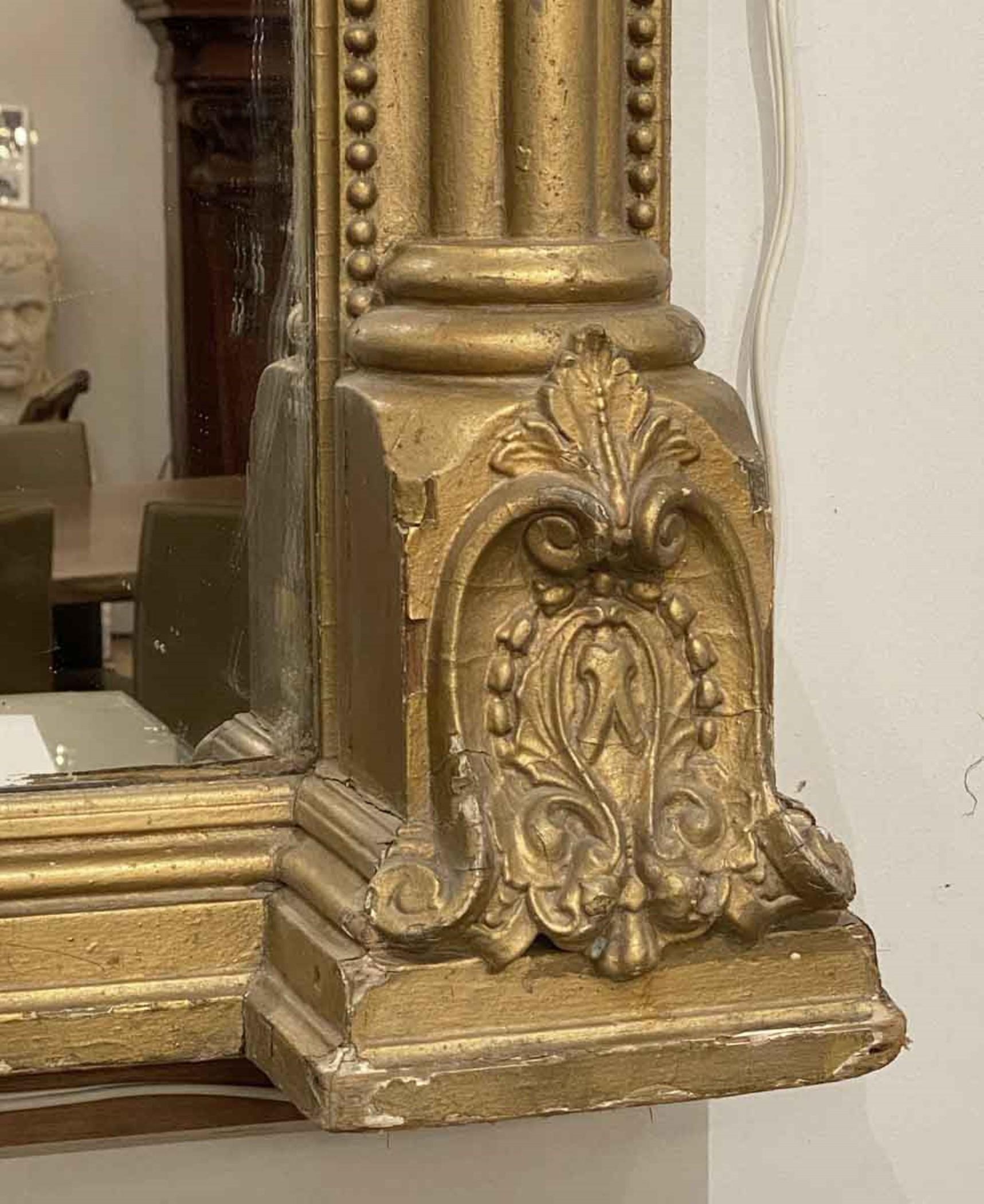 Gilt 19th C Overmantel Gilded Mirror with Light Foxing Antique For Sale