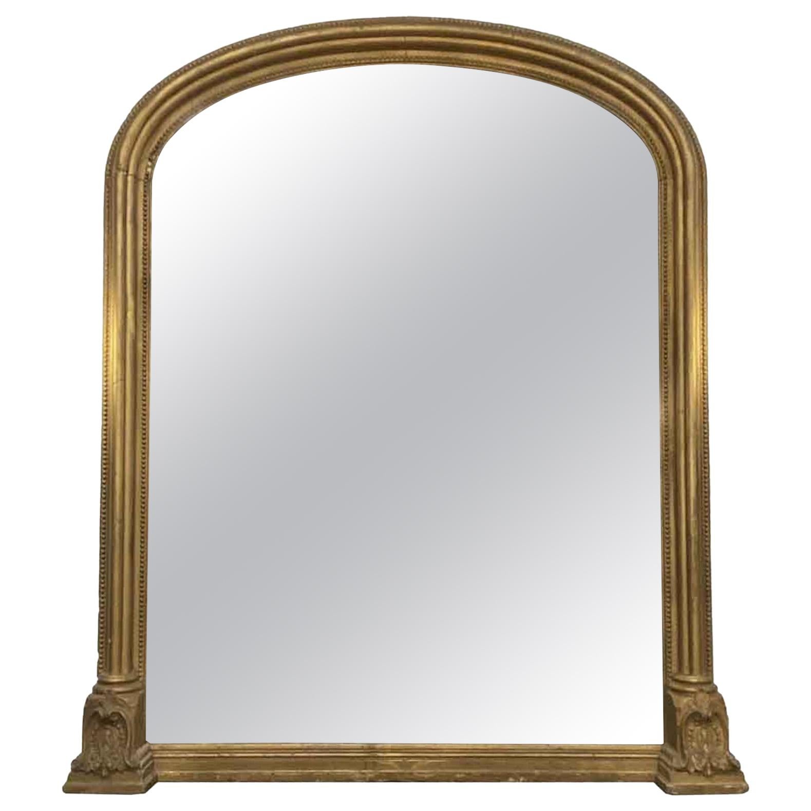 19th C Overmantel Gilded Mirror with Light Foxing Antique For Sale