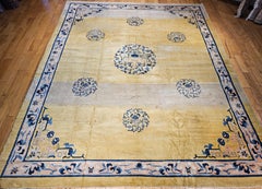 Oversized Chinese Peking Rug in Pale Yellow with Lion Dogs & Cloud Wreaths Motif