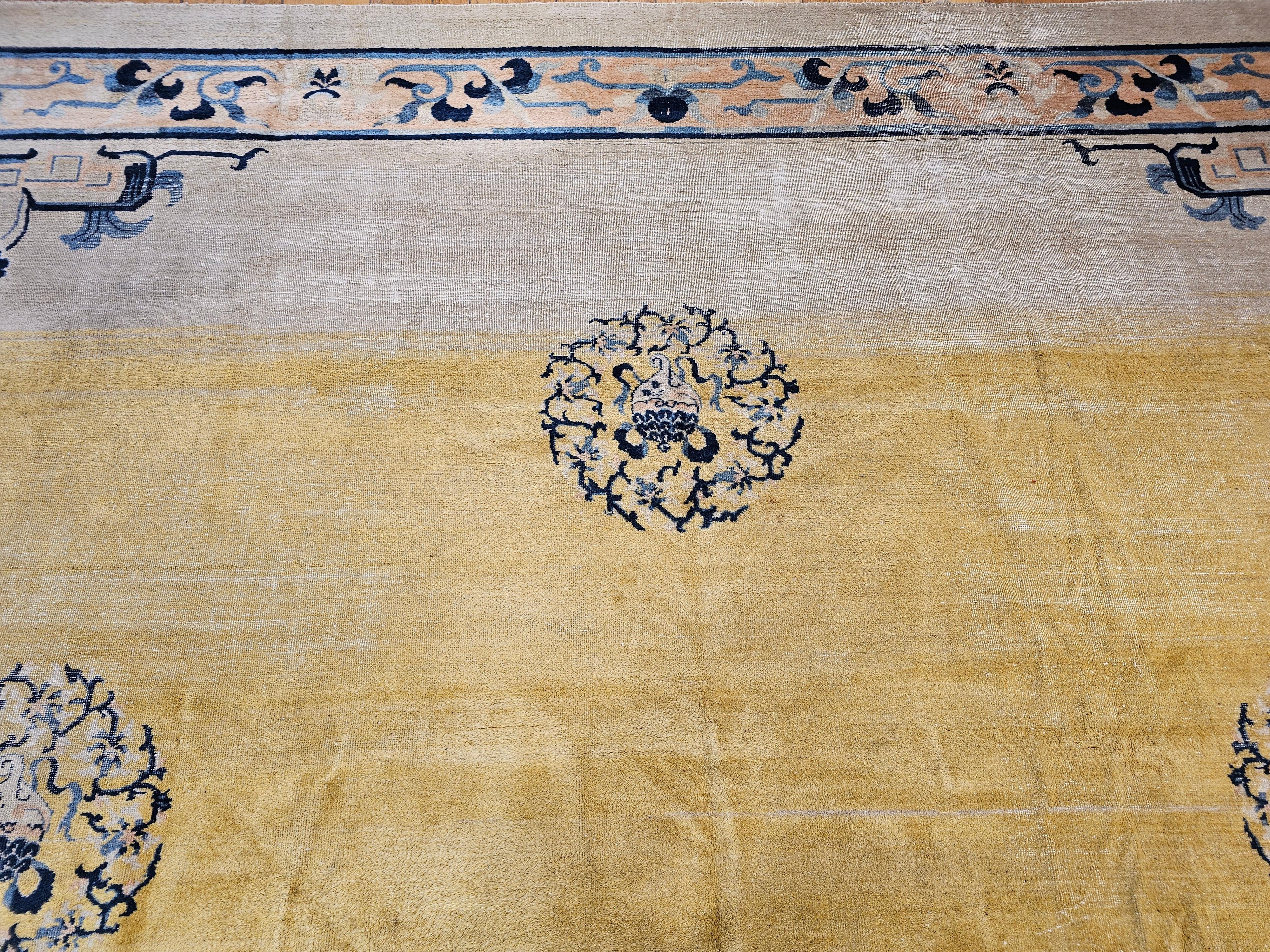 19th Century Oversize Chinese Peking Rug in Ningxia Pattern in Pale Yellow, Pink For Sale 1