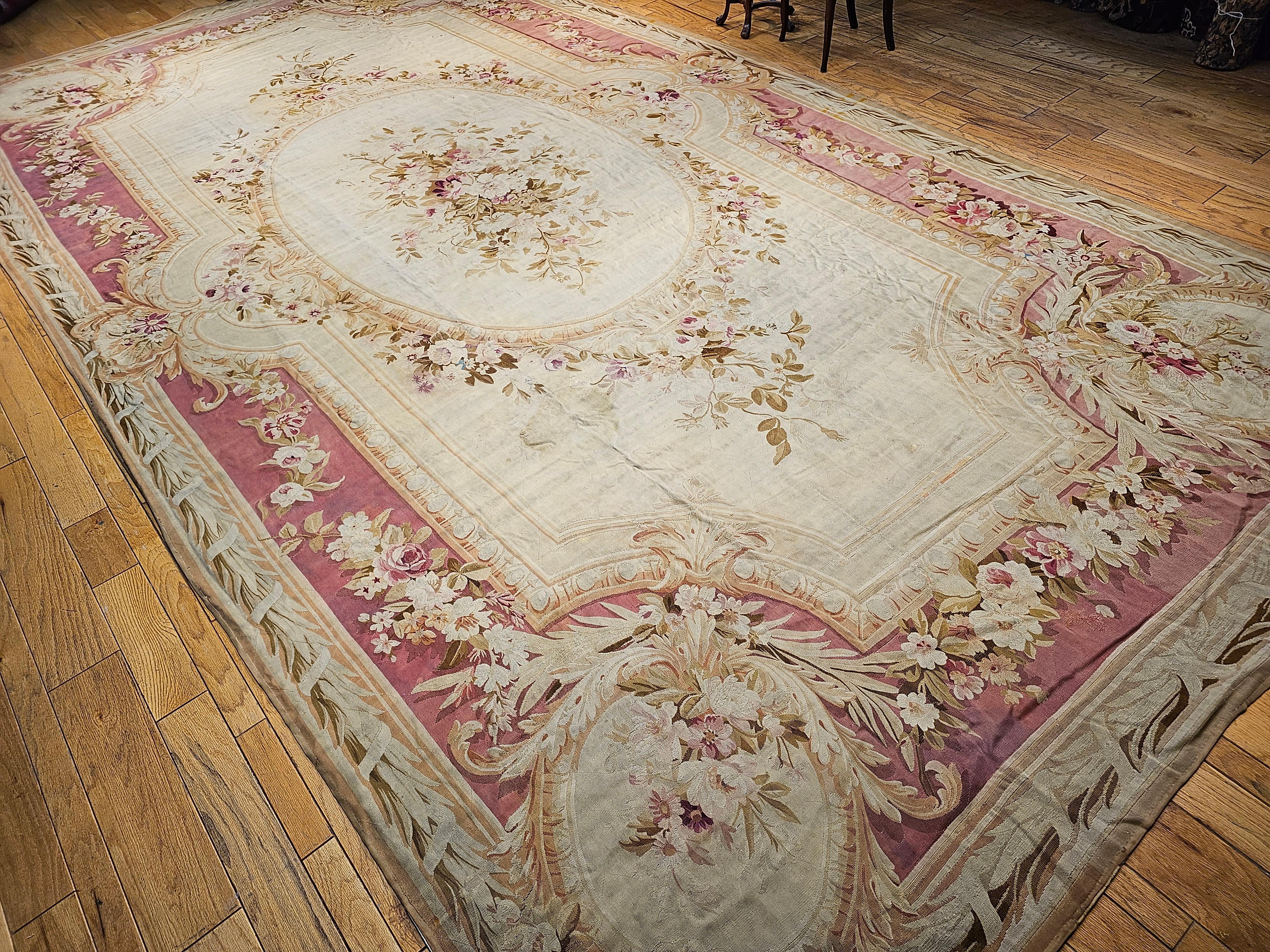 19th Century Oversize French Aubusson in Floral Pattern in Ivory, Red, Pink For Sale 6