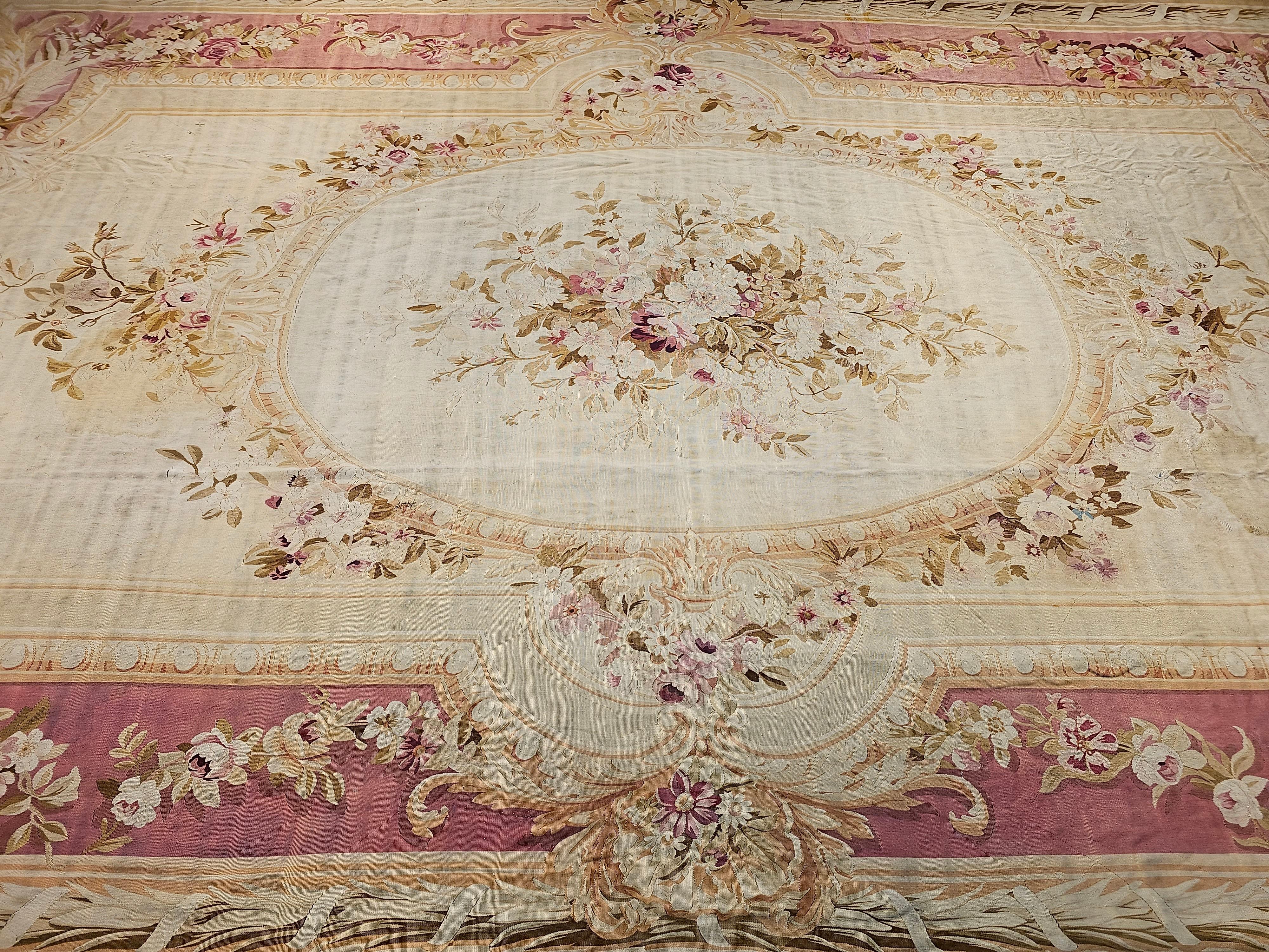 19th Century Oversize French Aubusson in Floral Pattern in Ivory, Red, Pink For Sale 8