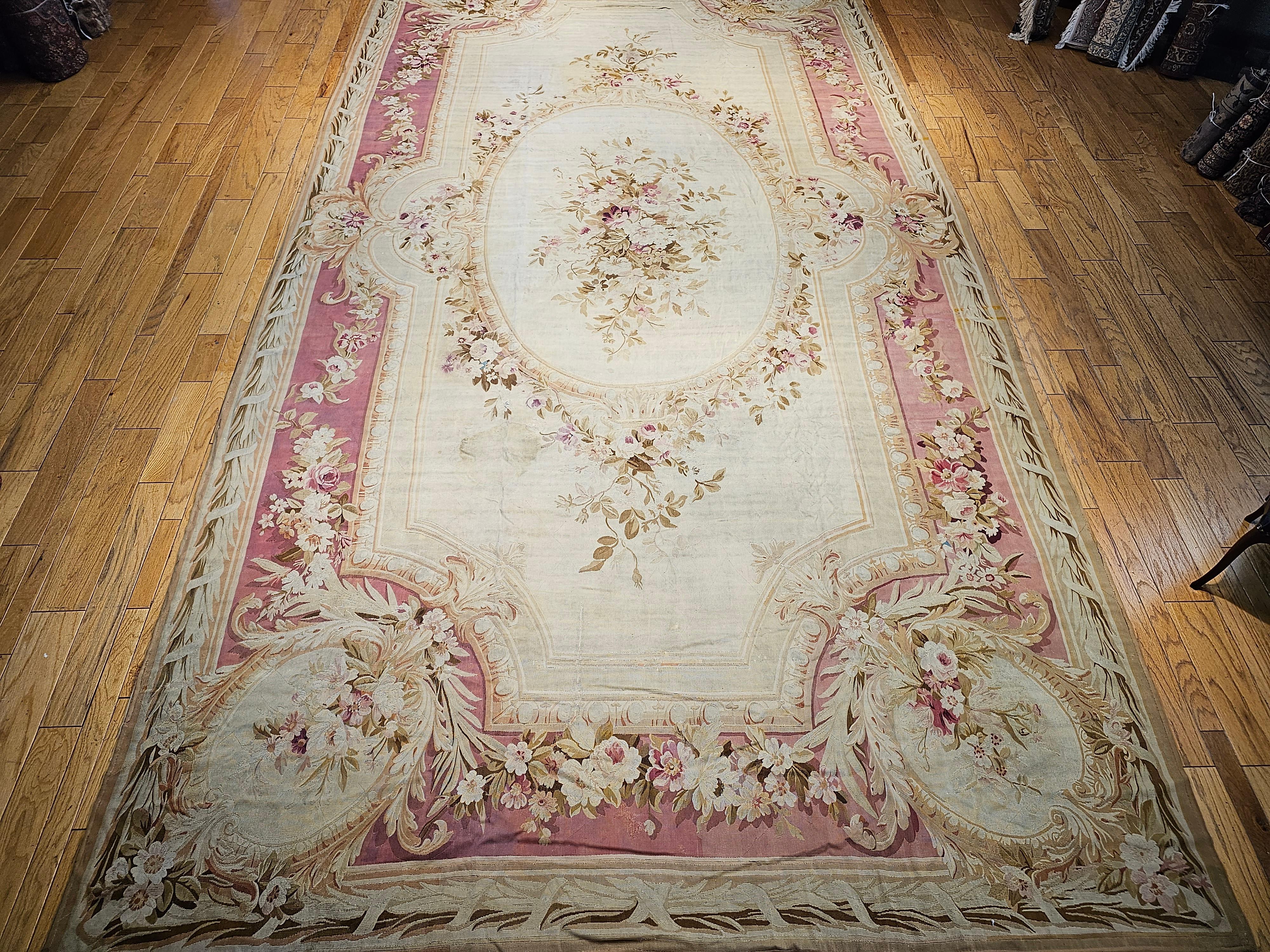 19th Century Oversize French Aubusson in Floral Pattern in Ivory, Red, Pink For Sale 12