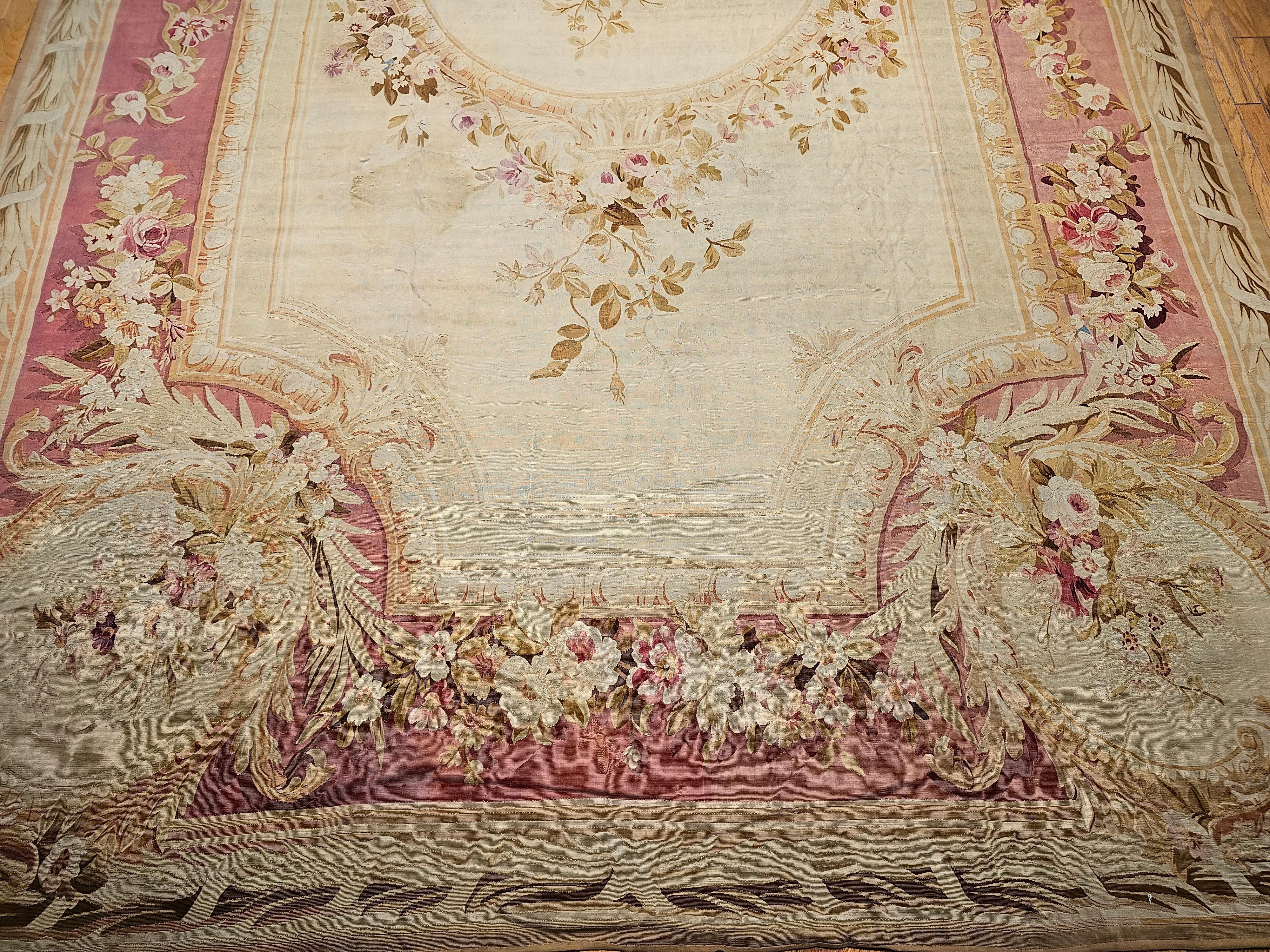 Hand-Knotted 19th Century Oversize French Aubusson in Floral Pattern in Ivory, Red, Pink For Sale