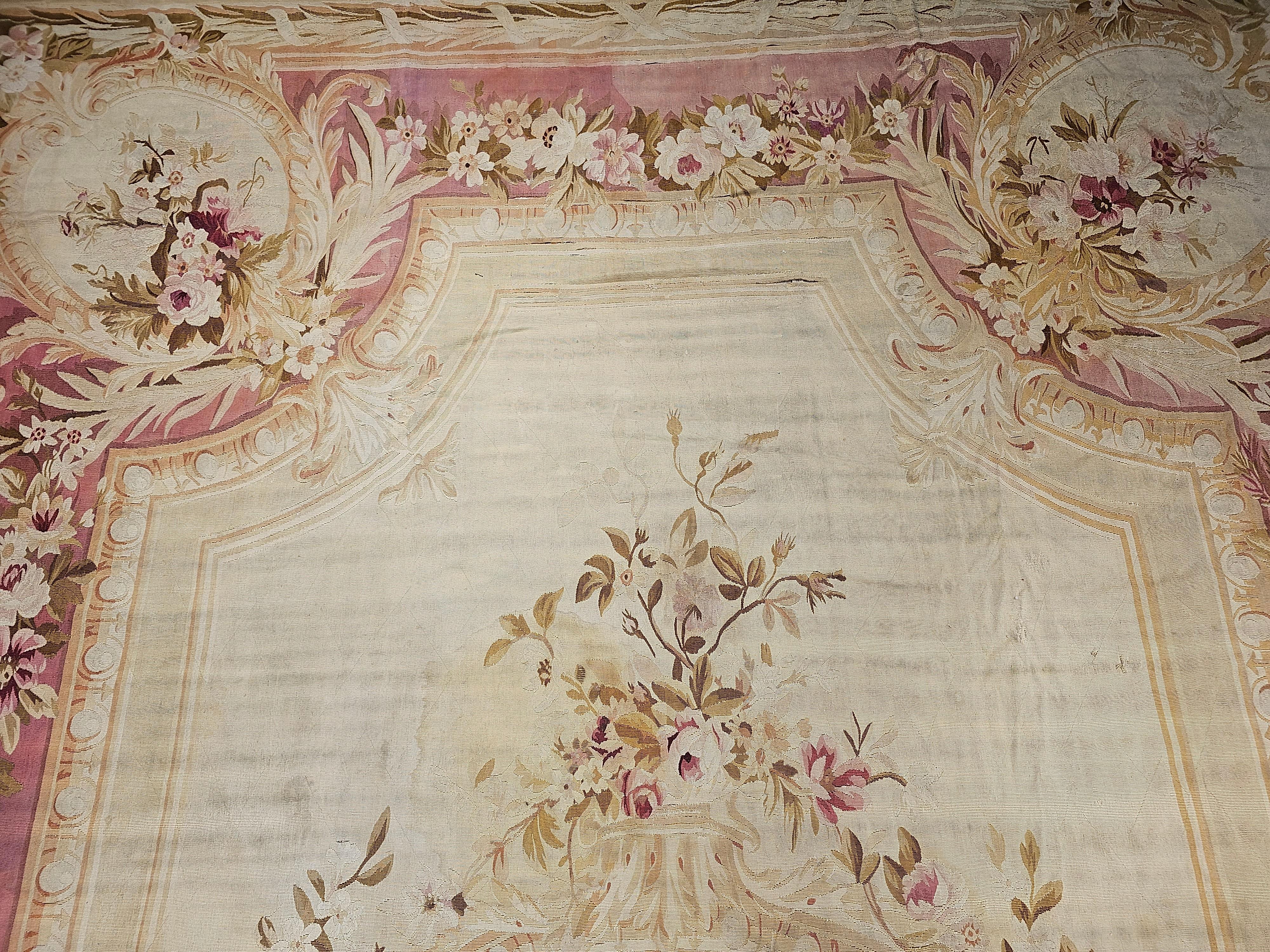 Wool 19th Century Oversize French Aubusson in Floral Pattern in Ivory, Red, Pink For Sale