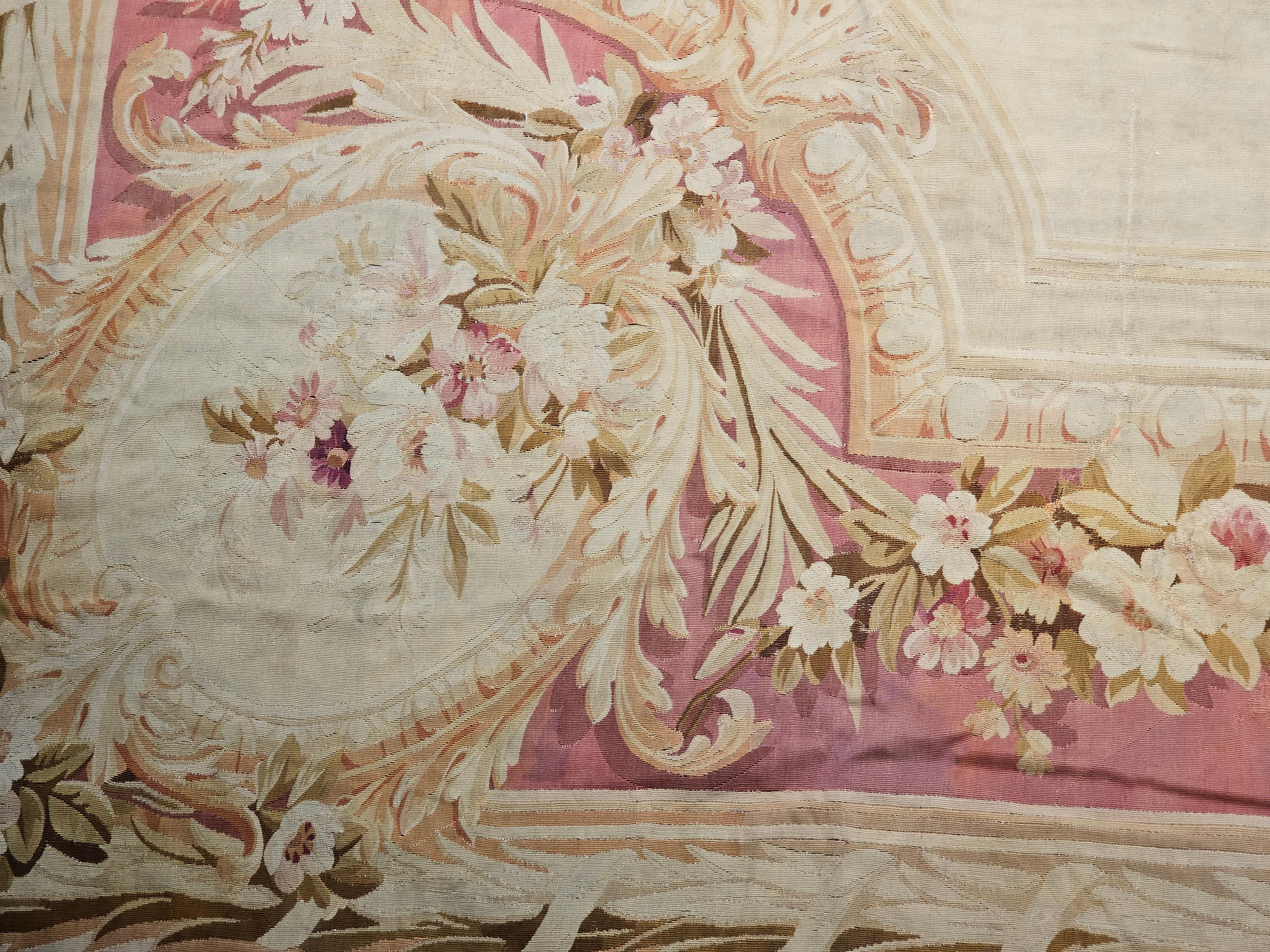 19th Century Oversize French Aubusson in Floral Pattern in Ivory, Red, Pink For Sale 2