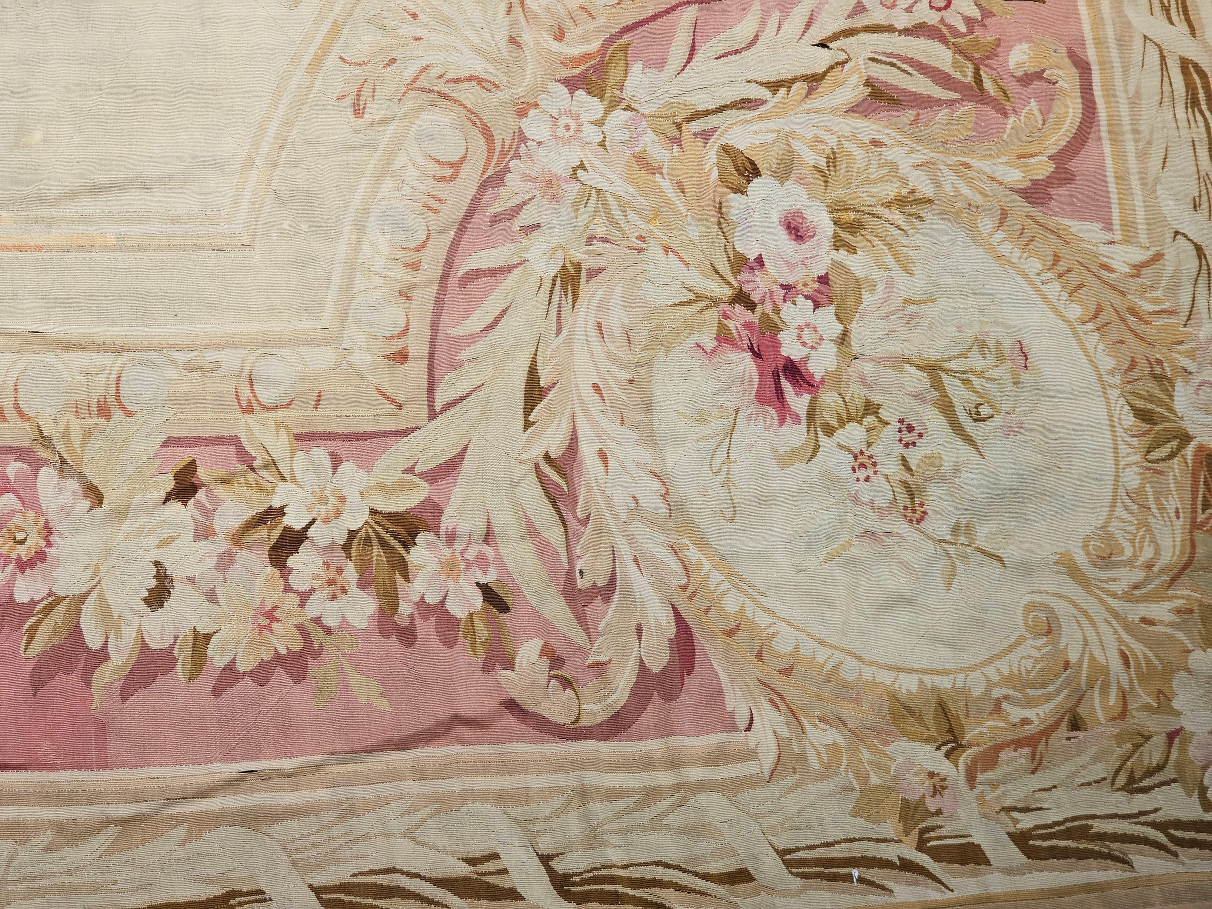 19th Century Oversize French Aubusson in Floral Pattern in Ivory, Red, Pink For Sale 3