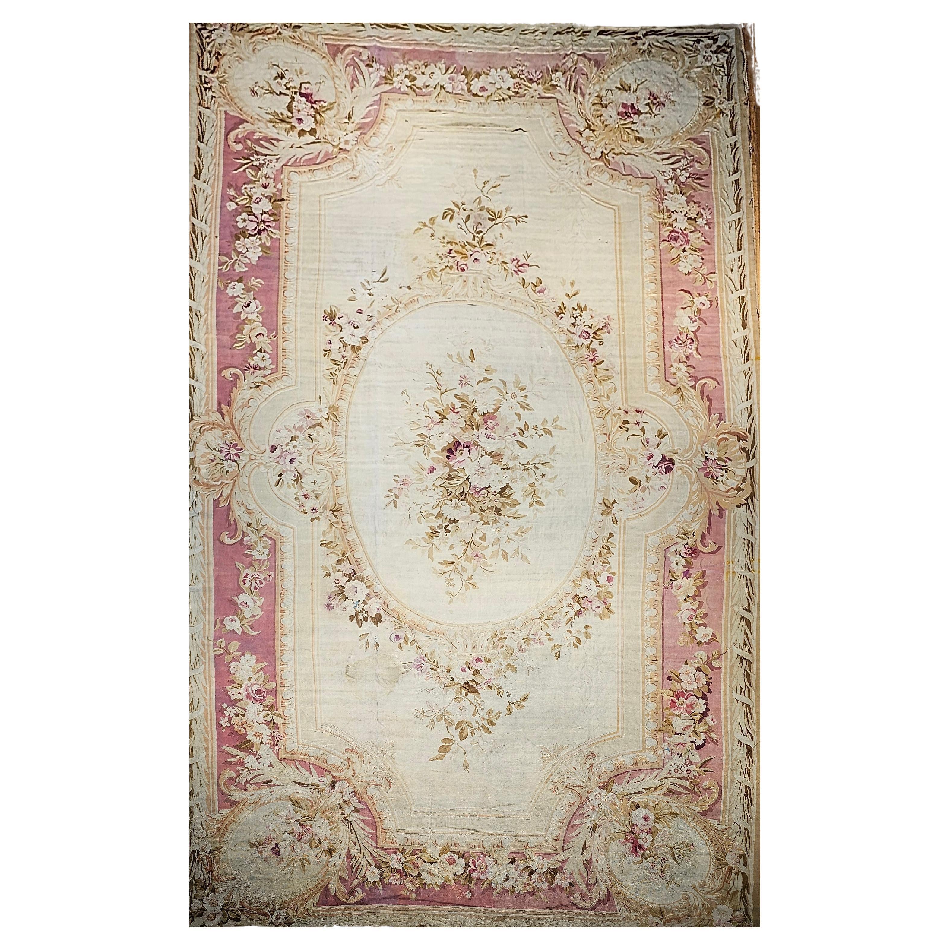 19th Century Oversize French Aubusson in Floral Pattern in Ivory, Red, Pink For Sale