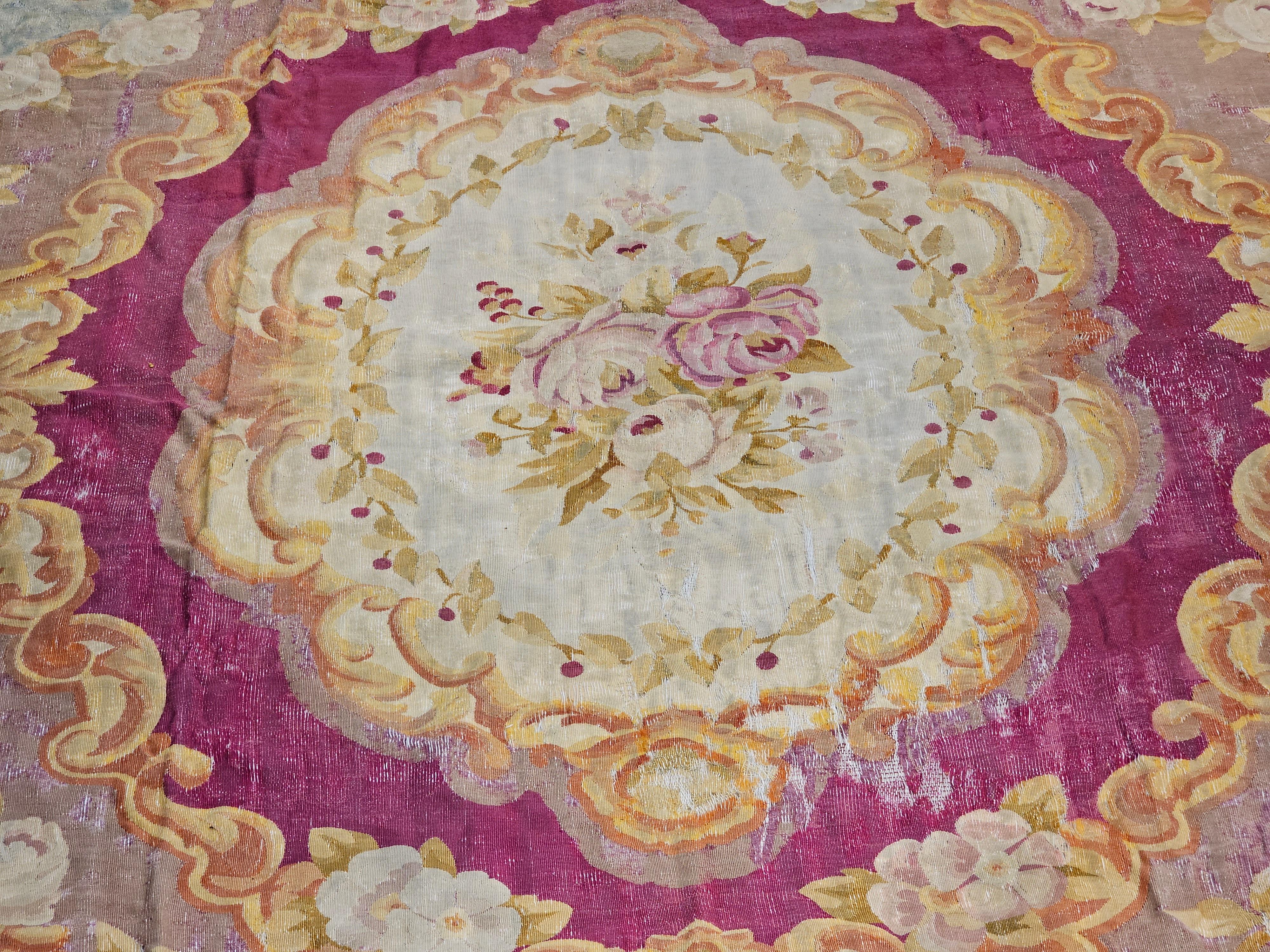 19th Century Oversize French Aubusson in Floral Pattern in Rose, Olive Green For Sale 5
