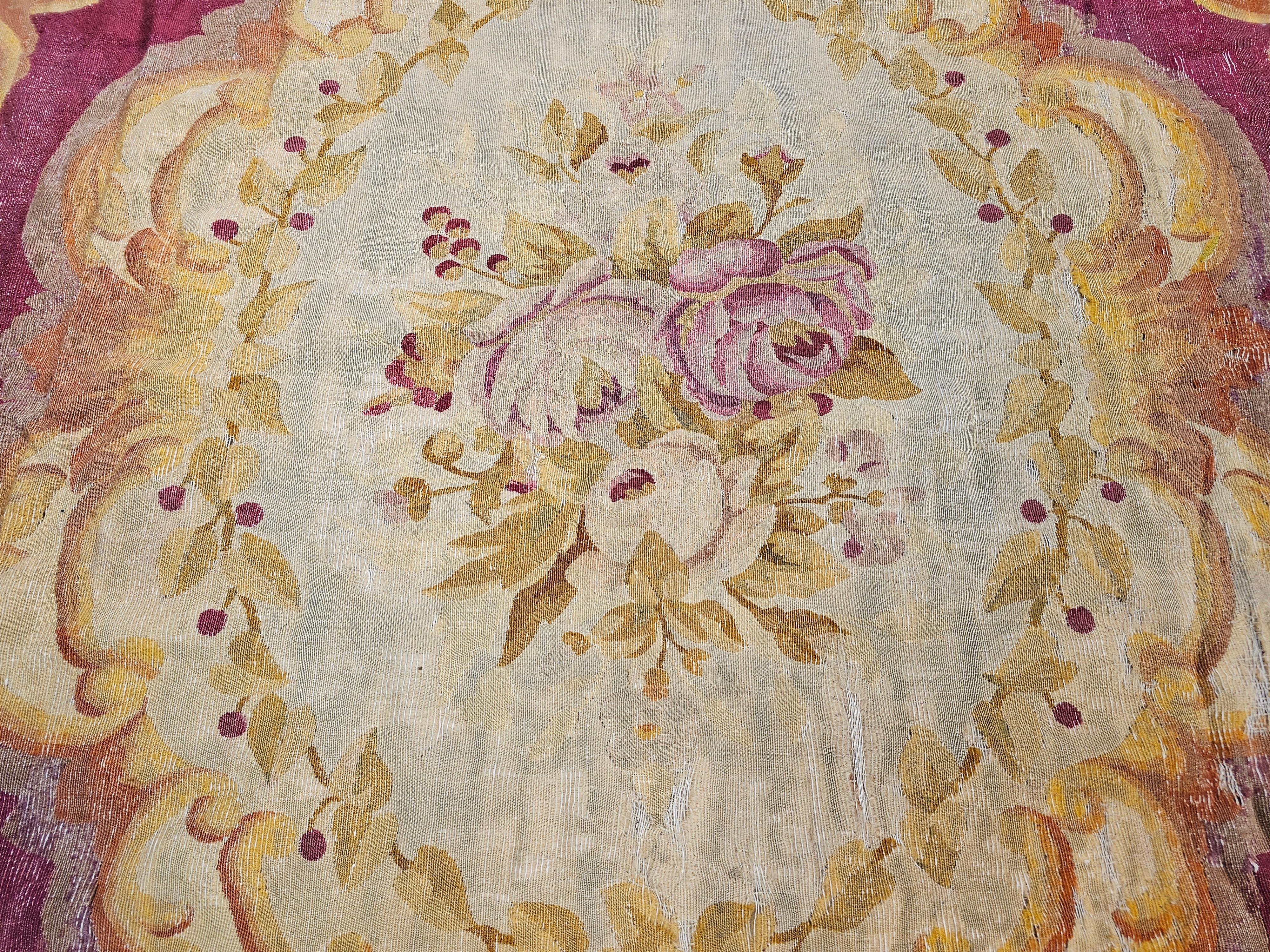 19th Century Oversize French Aubusson in Floral Pattern in Rose, Olive Green For Sale 7