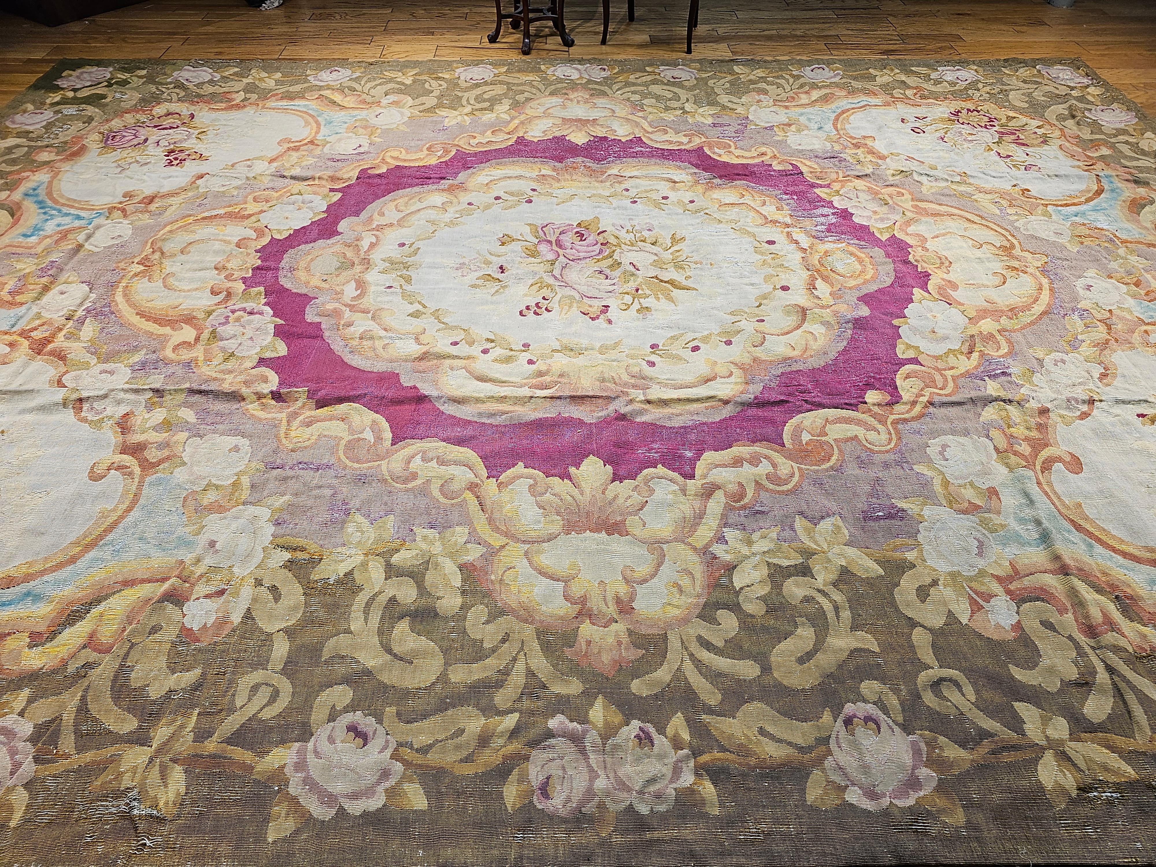 19th Century Oversize French Aubusson in Floral Pattern in Rose, Olive Green For Sale 14