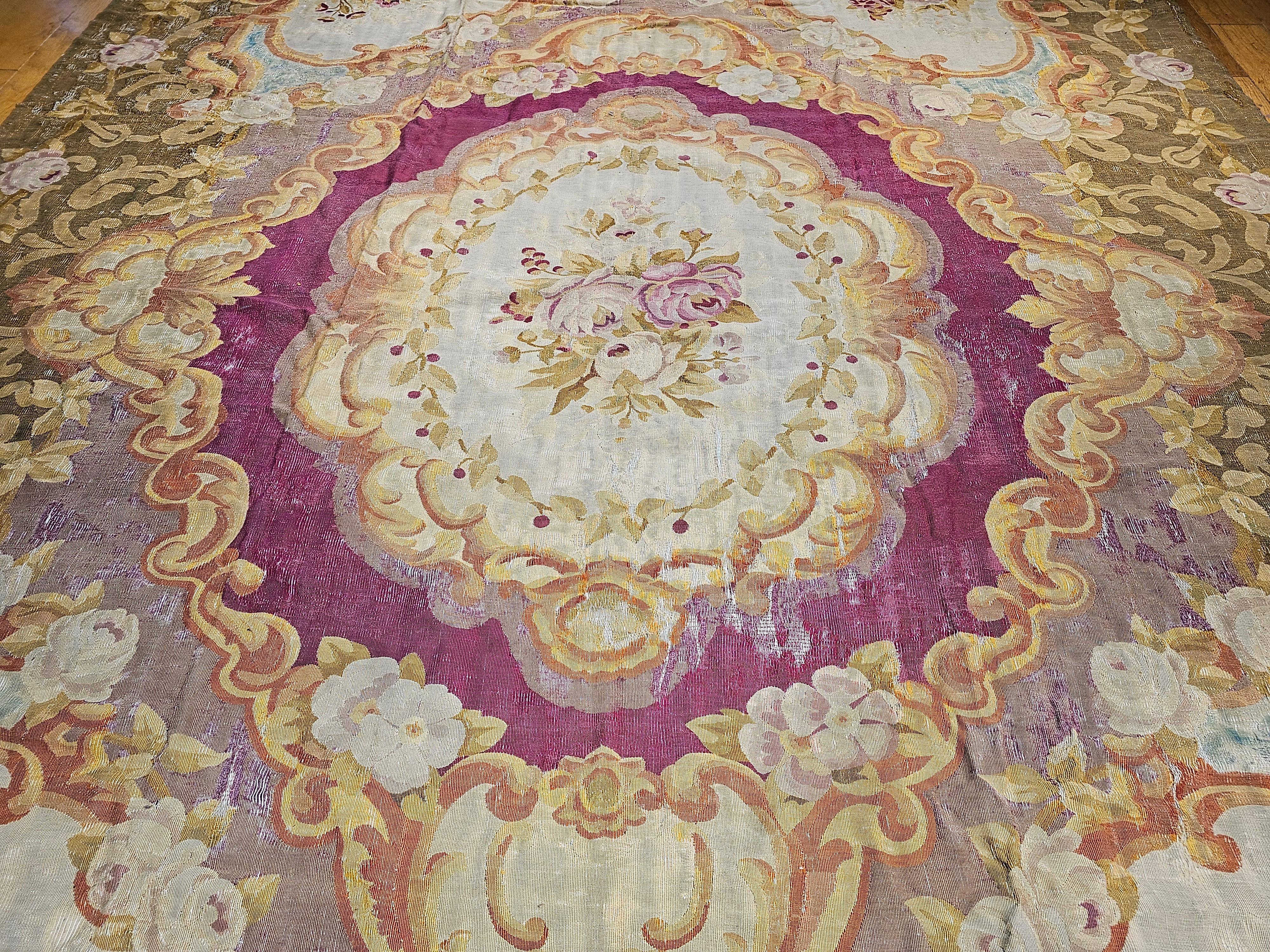 19th Century Oversize French Aubusson in Floral Pattern in Rose, Olive Green In Good Condition For Sale In Barrington, IL