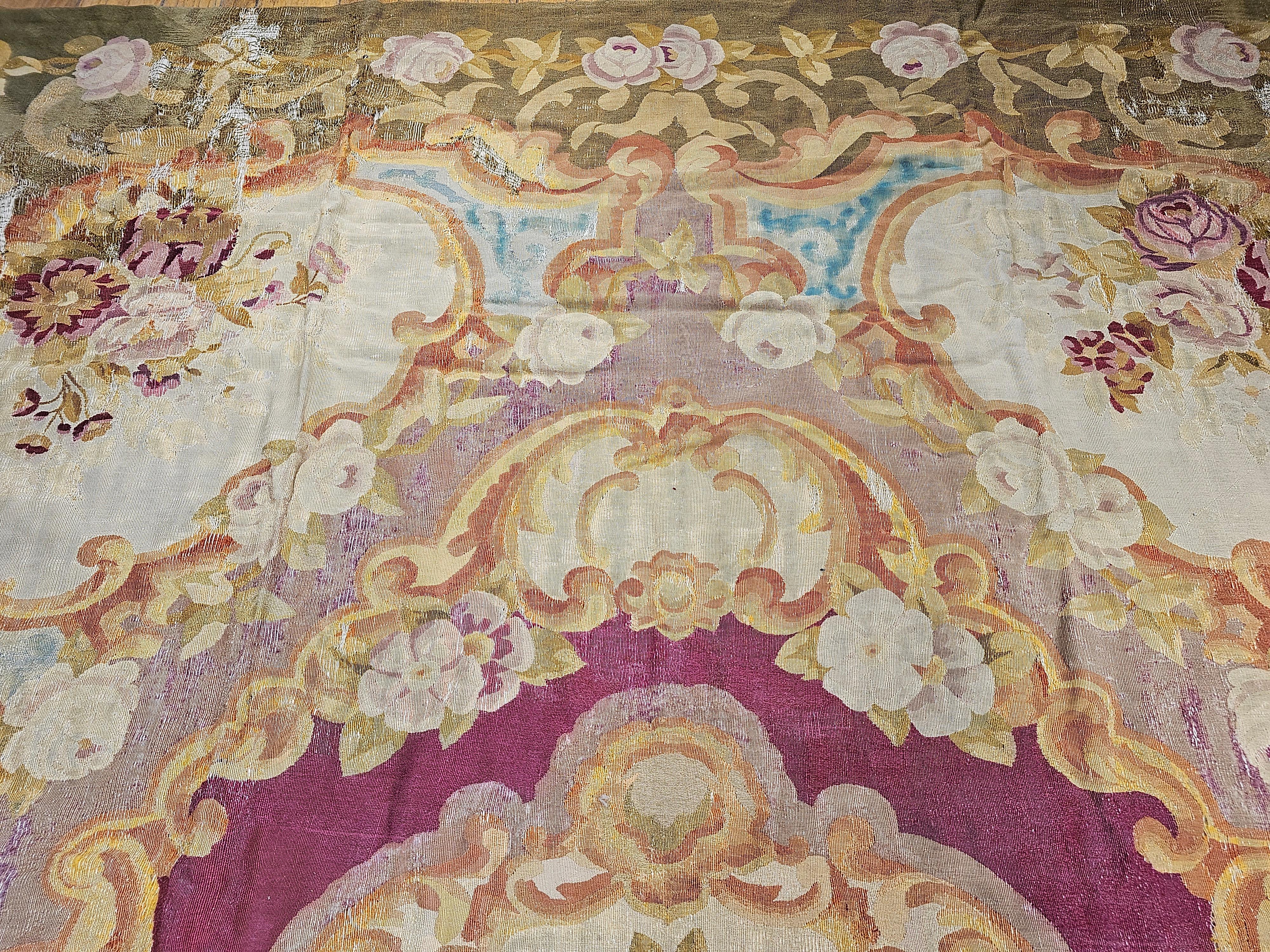 Wool 19th Century Oversize French Aubusson in Floral Pattern in Rose, Olive Green For Sale