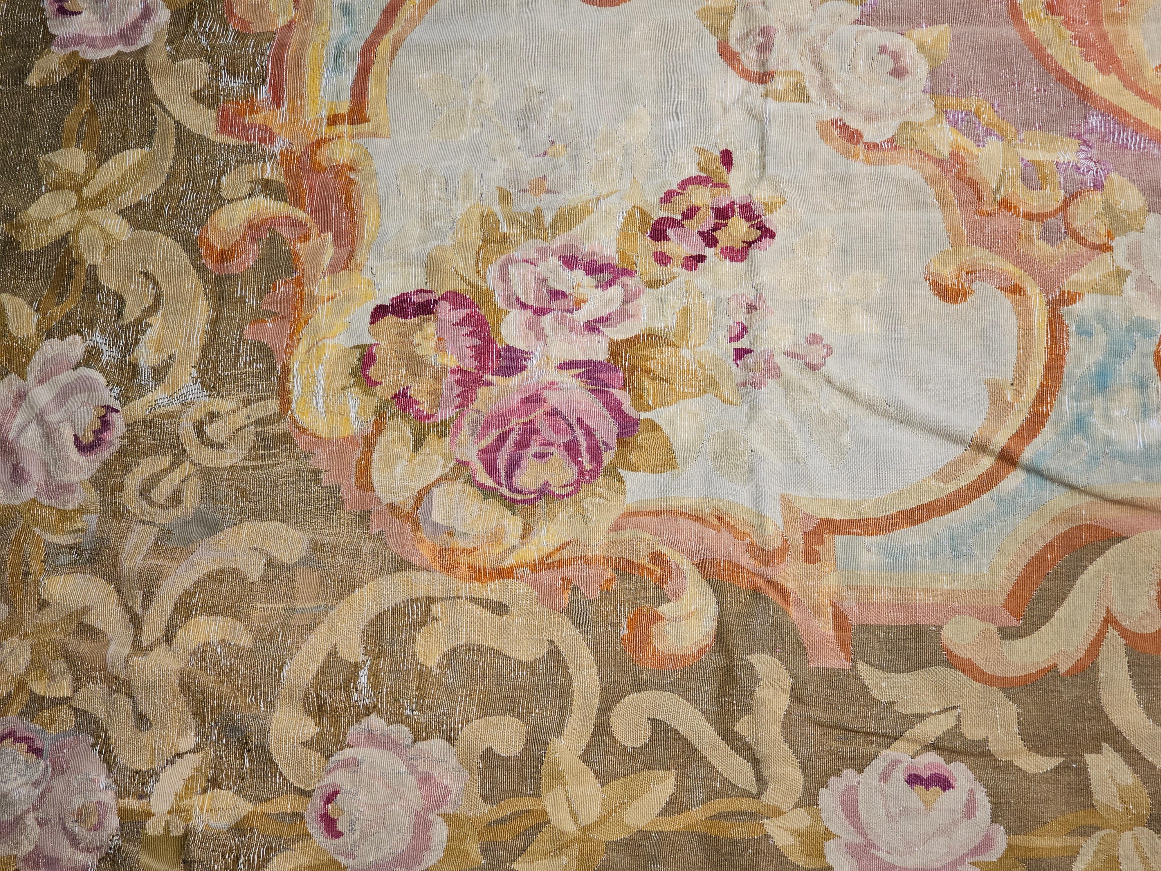 19th Century Oversize French Aubusson in Floral Pattern in Rose, Olive Green For Sale 1