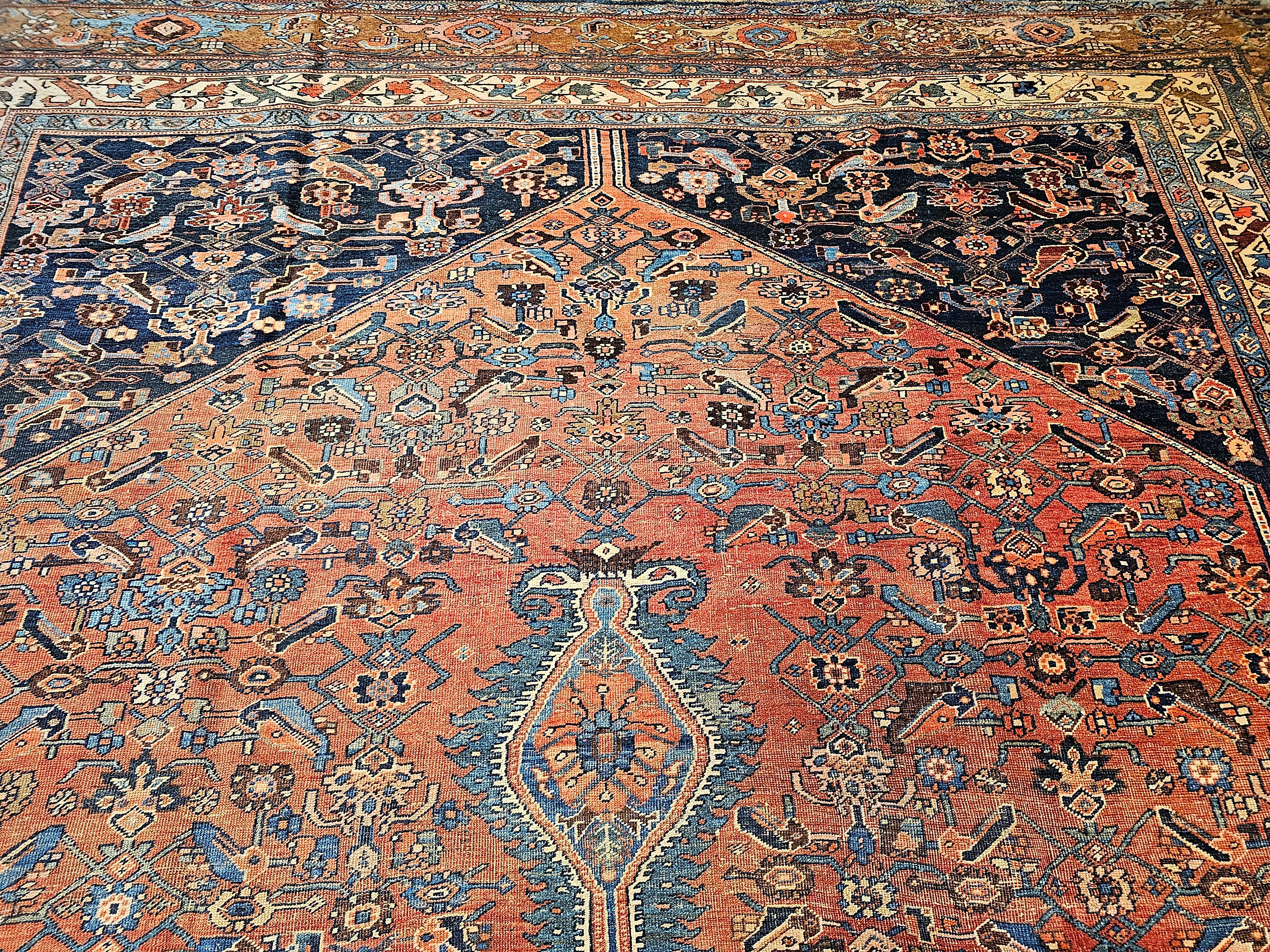 19th Century Oversize Persian Bidjar in Geometric Herati Pattern in Blue, Red For Sale 4