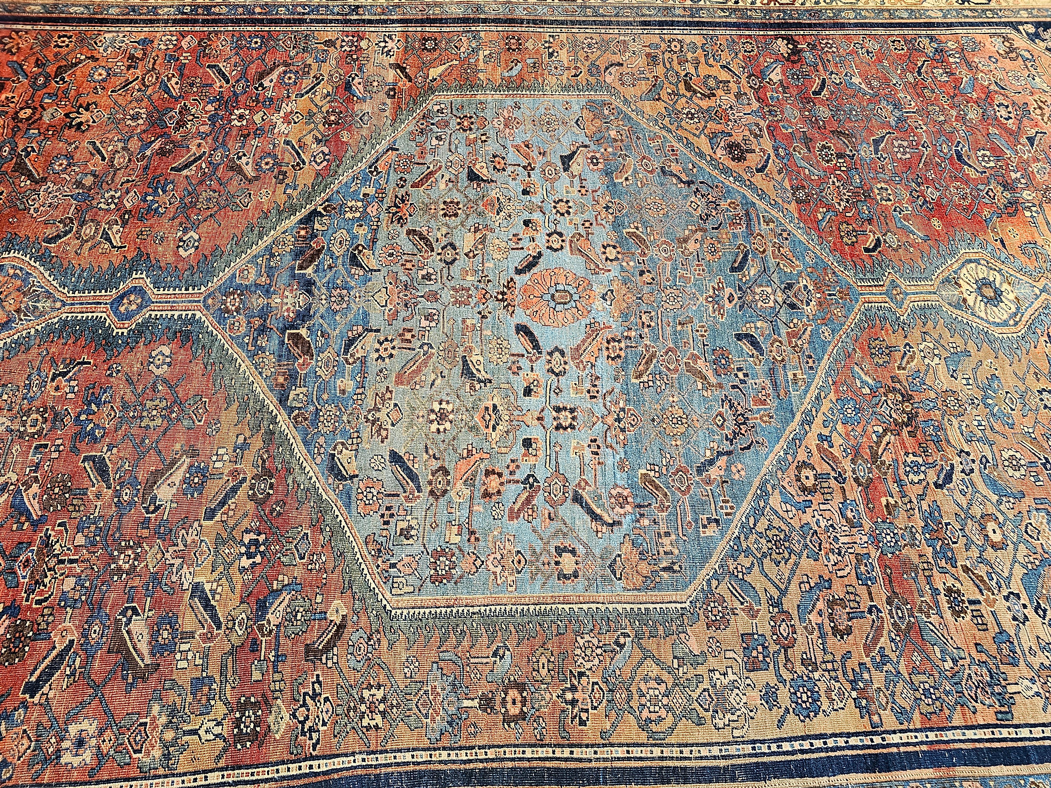 19th Century Oversize Persian Bidjar in Geometric Herati Pattern in Blue, Red For Sale 5