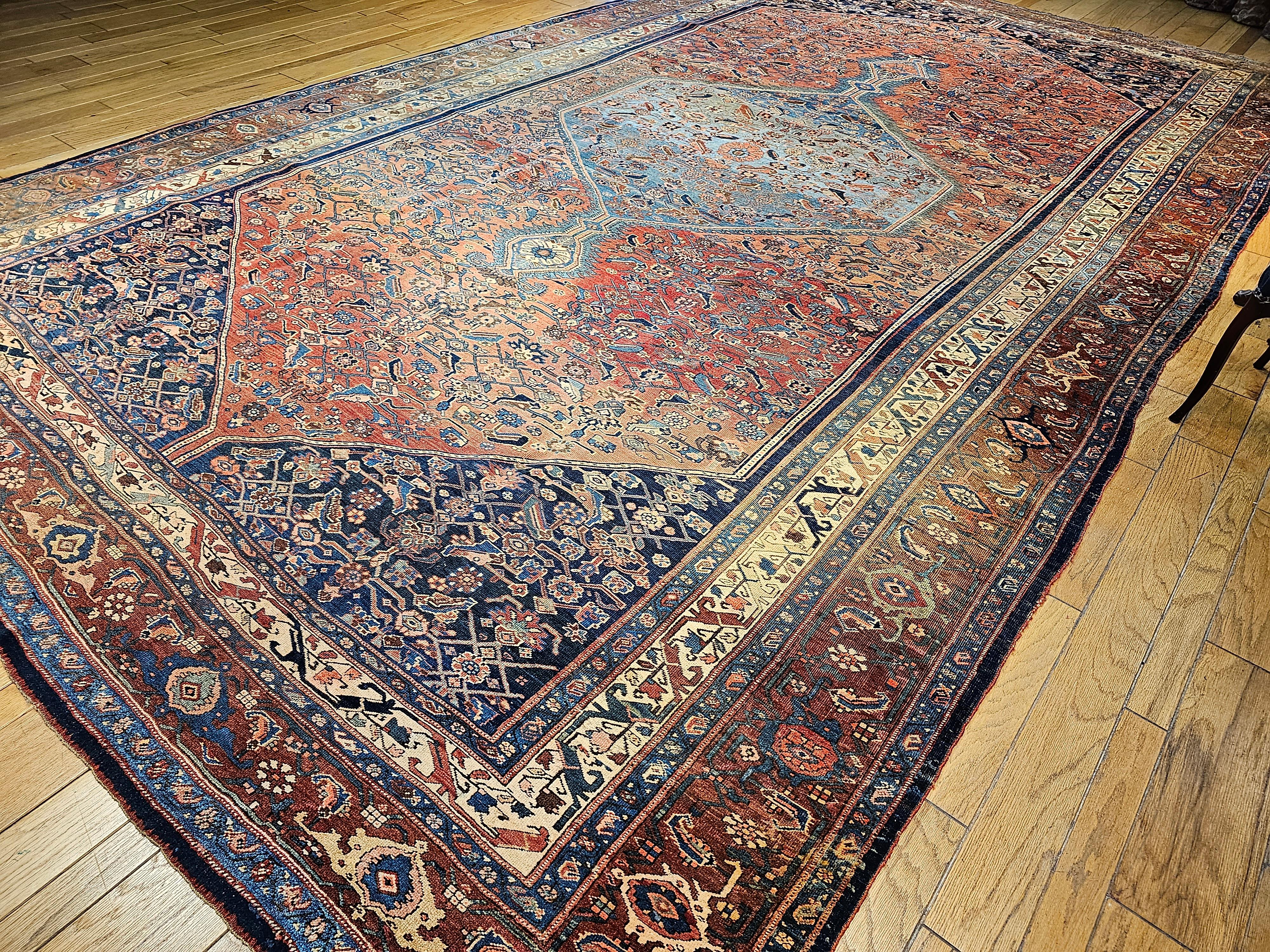 19th Century Oversize Persian Bidjar in Geometric Herati Pattern in Blue, Red For Sale 7