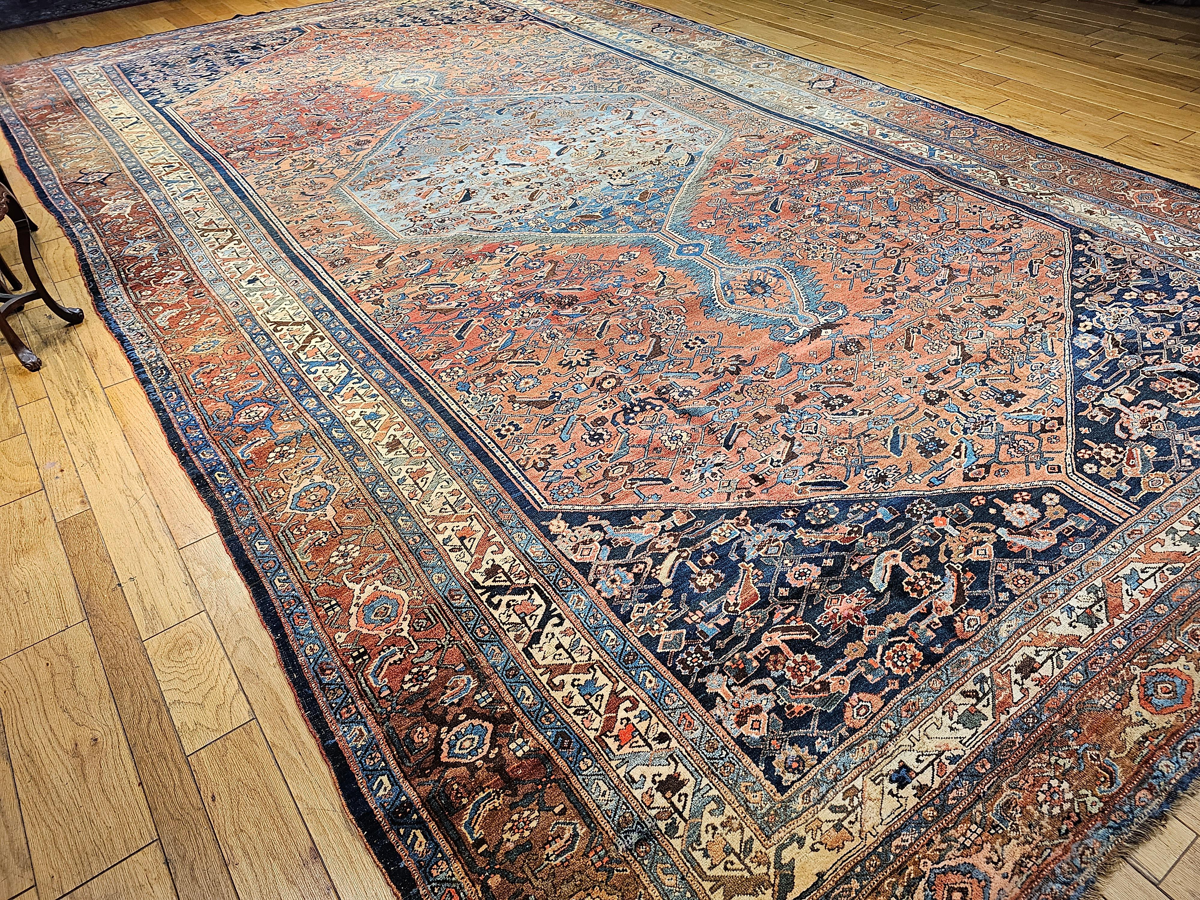 19th Century Oversize Persian Bidjar in Geometric Herati Pattern in Blue, Red For Sale 10