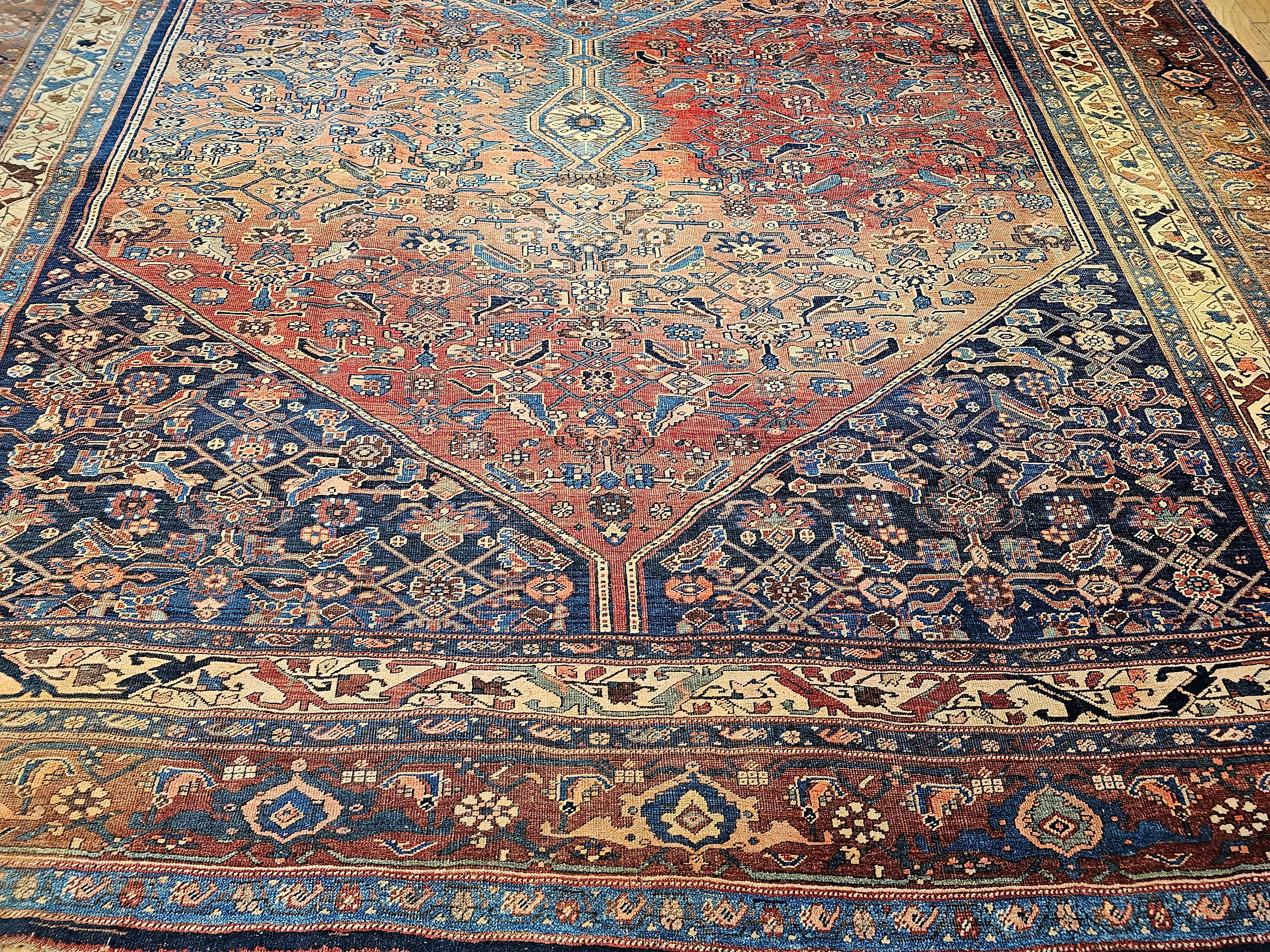Wool 19th Century Oversize Persian Bidjar in Geometric Herati Pattern in Blue, Red For Sale