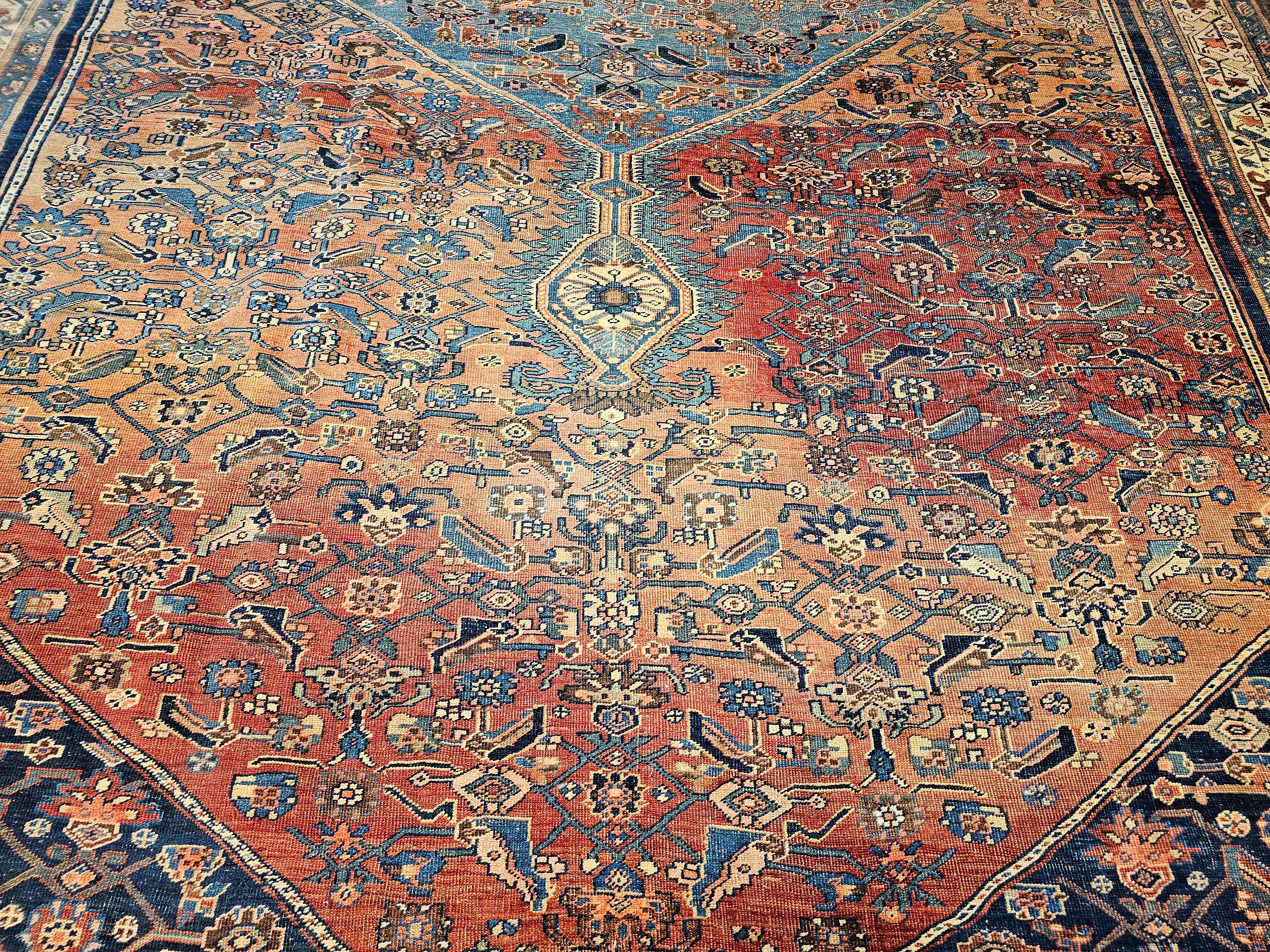 19th Century Oversize Persian Bidjar in Geometric Herati Pattern in Blue, Red For Sale 1