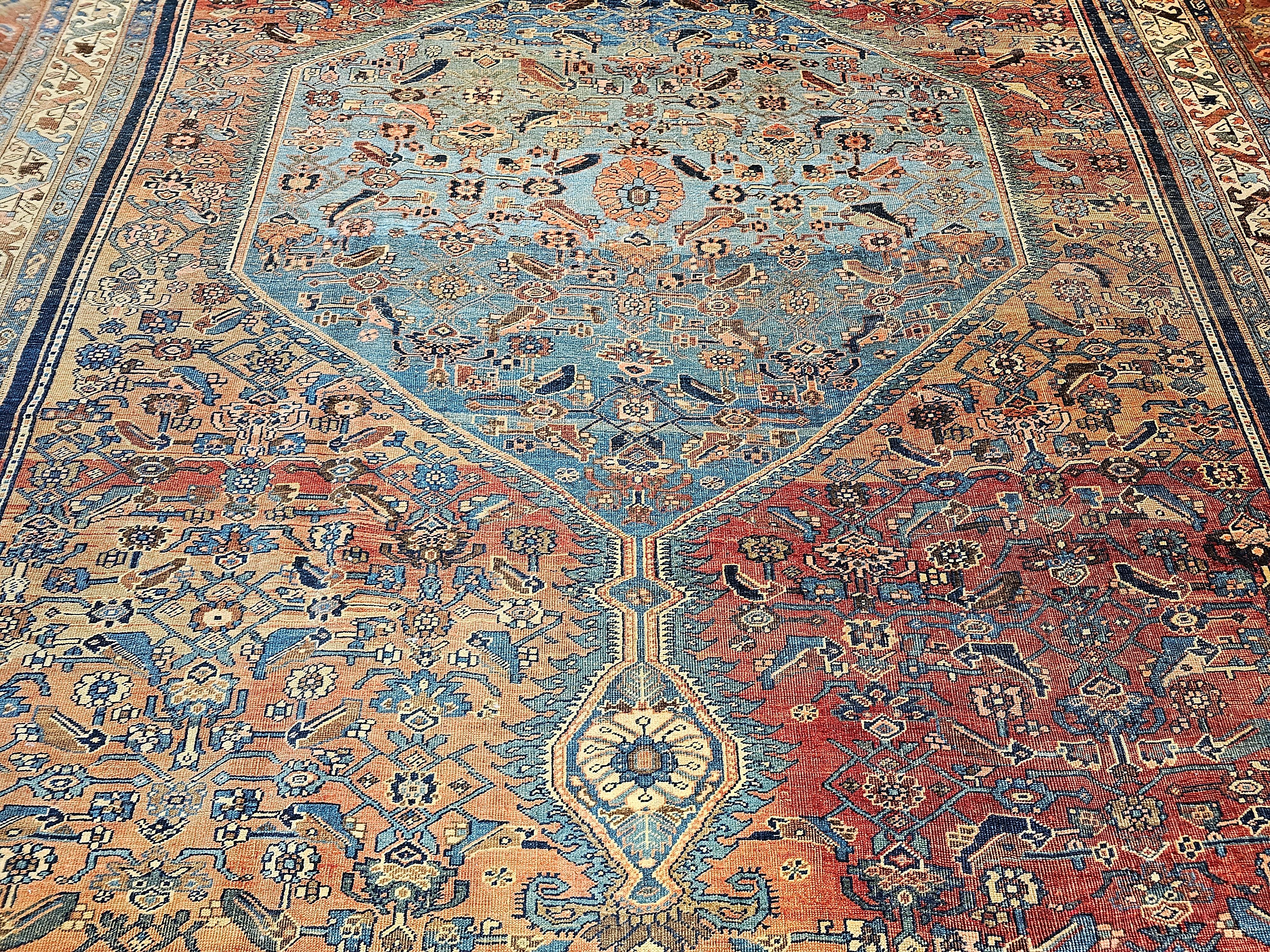 19th Century Oversize Persian Bidjar in Geometric Herati Pattern in Blue, Red For Sale 2