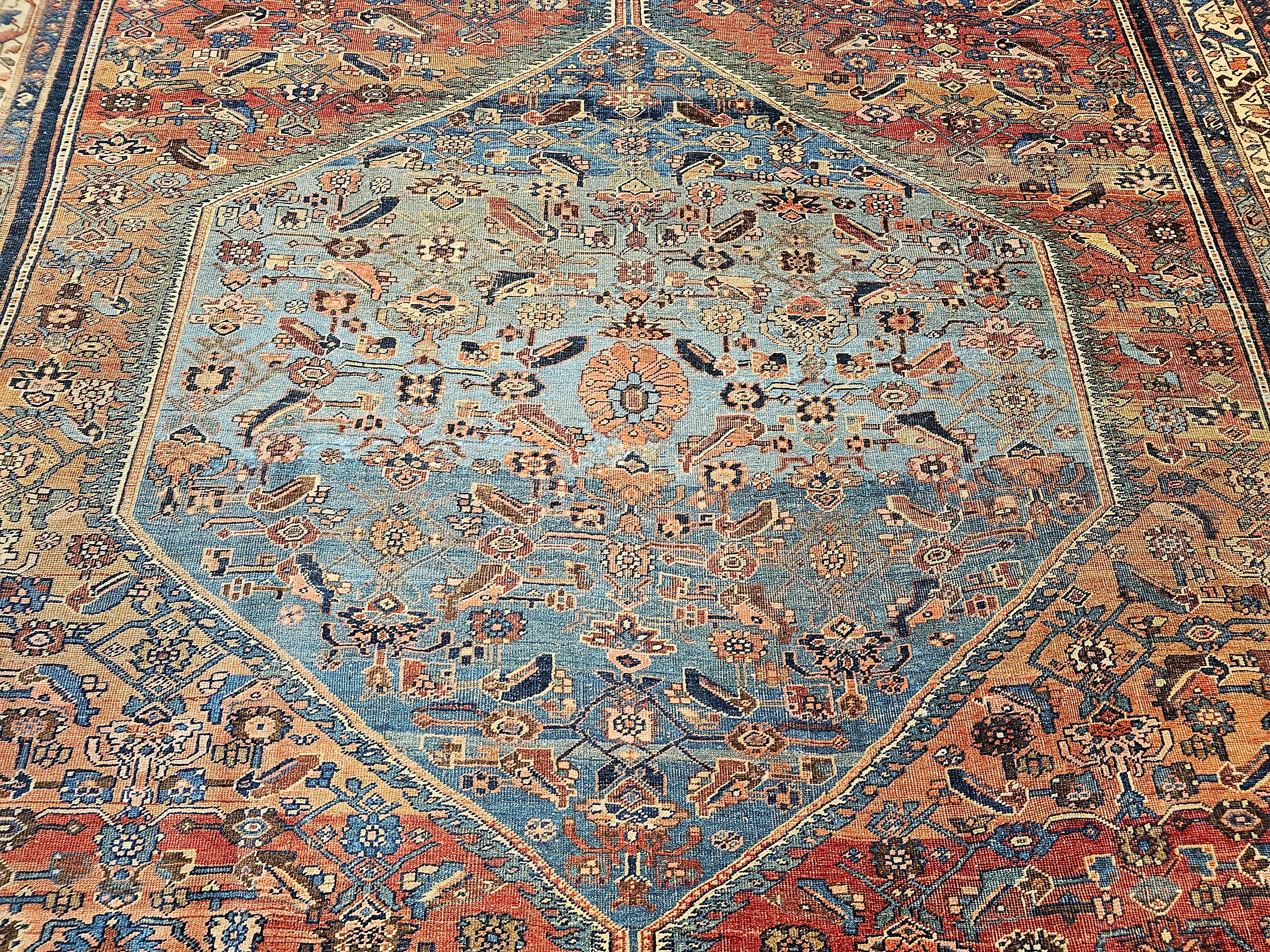 19th Century Oversize Persian Bidjar in Geometric Herati Pattern in Blue, Red For Sale 8