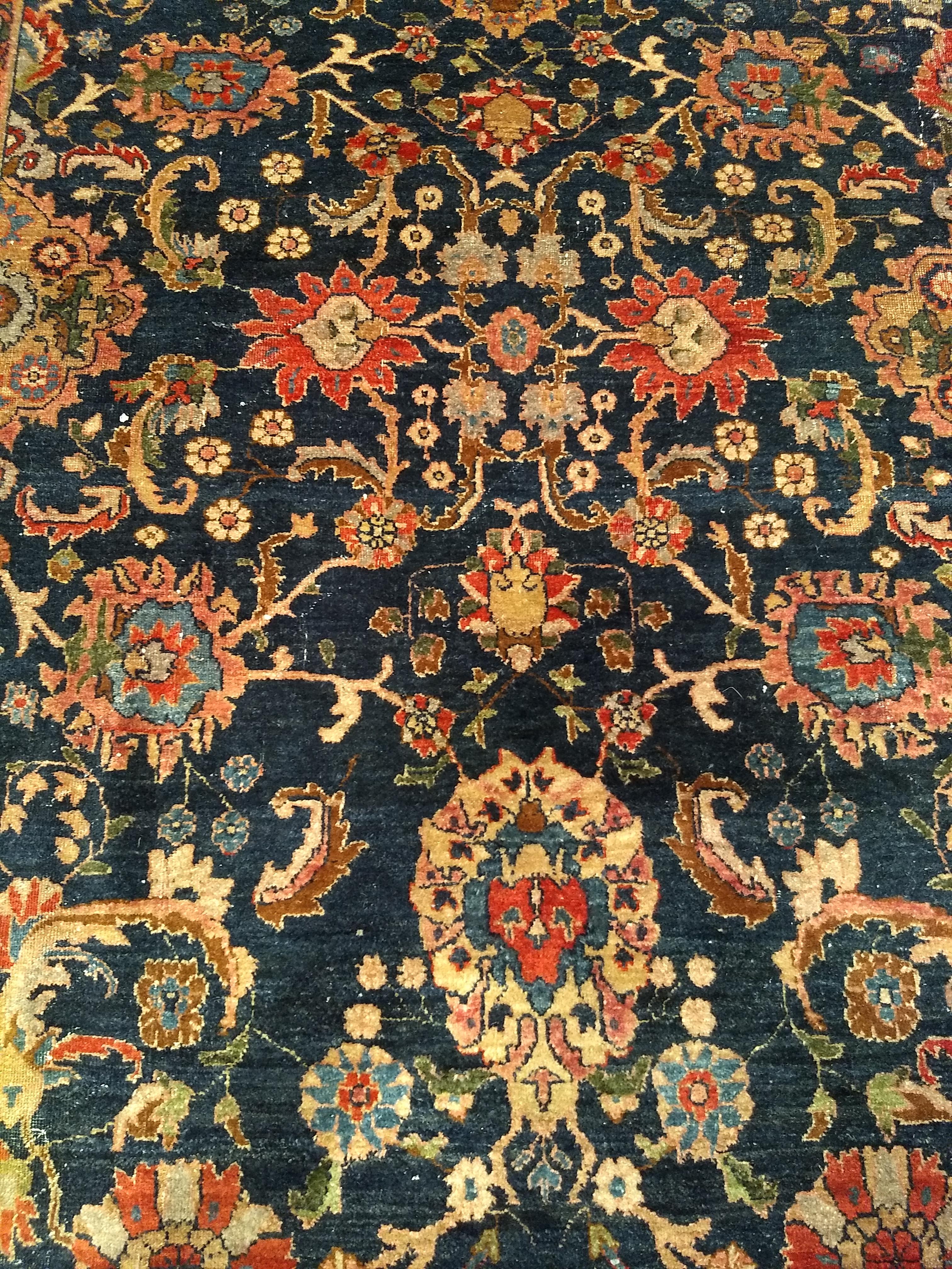 19th Century Oversize Persian Farahan in Allover Floral Pattern in Navy, Red For Sale 5