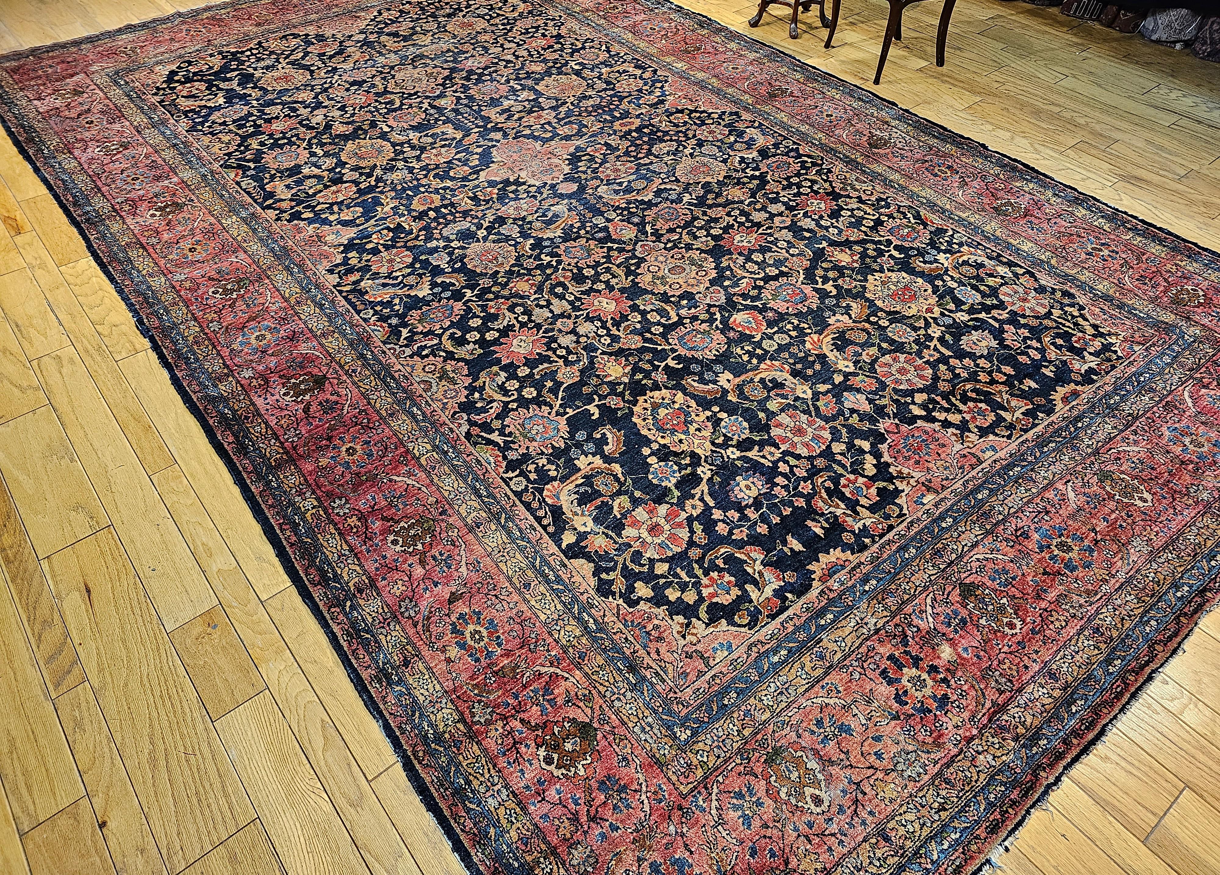 19th Century Oversize Persian Farahan in Allover Floral Pattern in Navy, Red For Sale 8