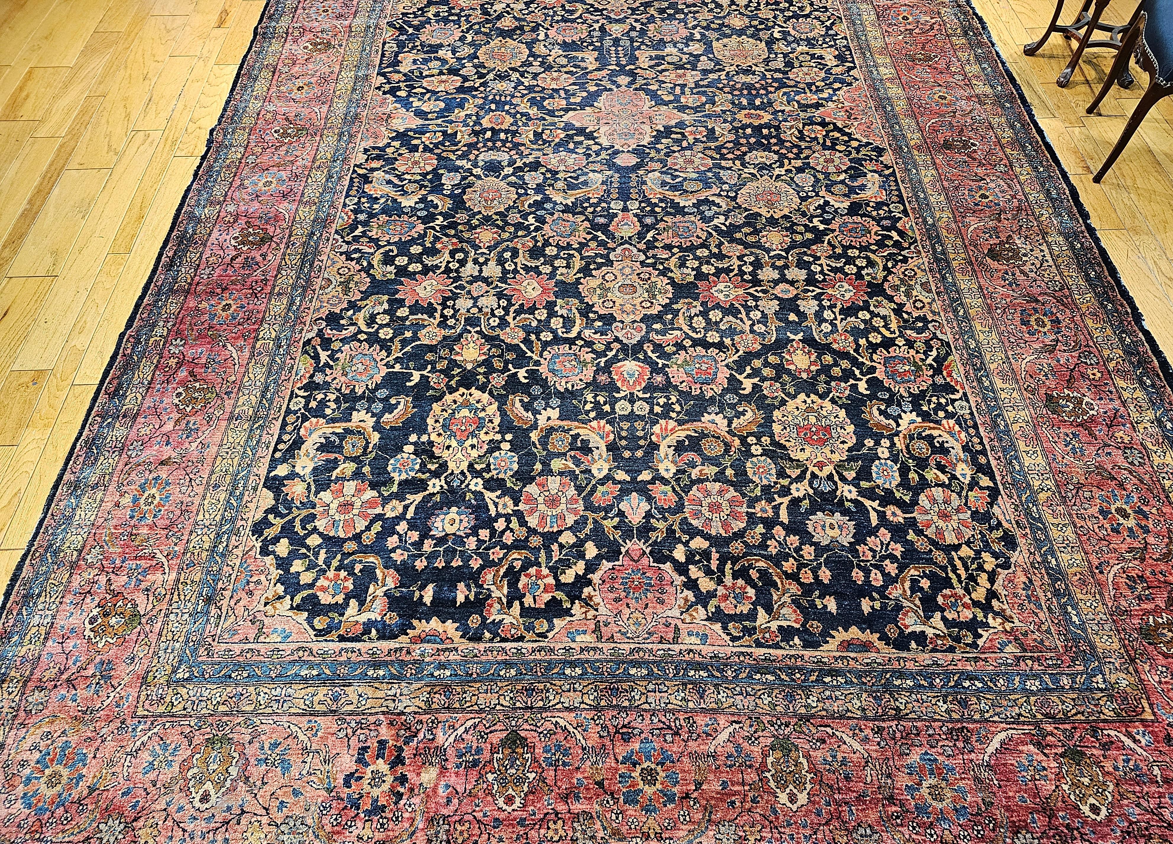 19th Century Oversize Persian Farahan in Allover Floral Pattern in Navy, Red For Sale 9