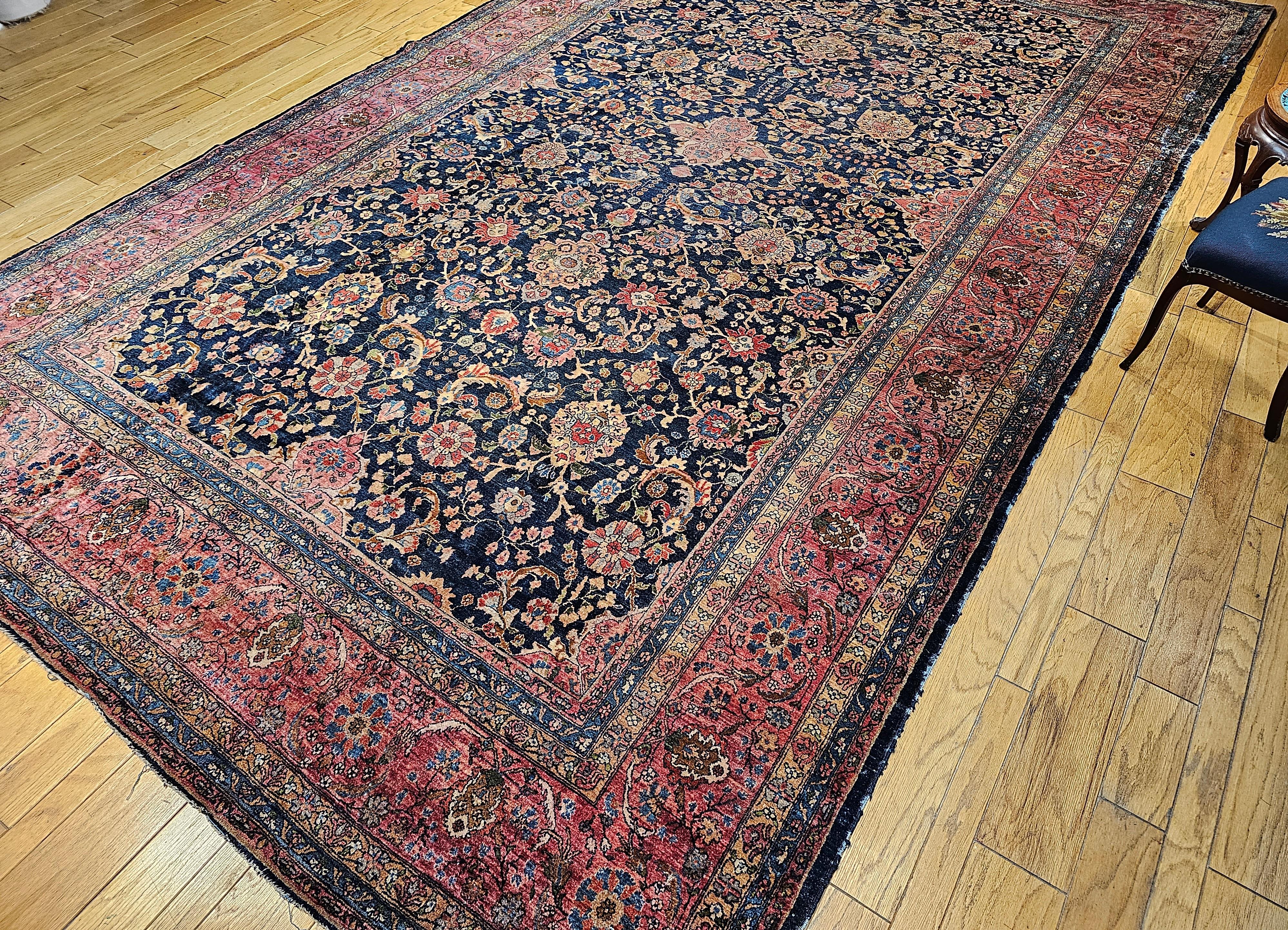 19th Century Oversize Persian Farahan in Allover Floral Pattern in Navy, Red For Sale 10